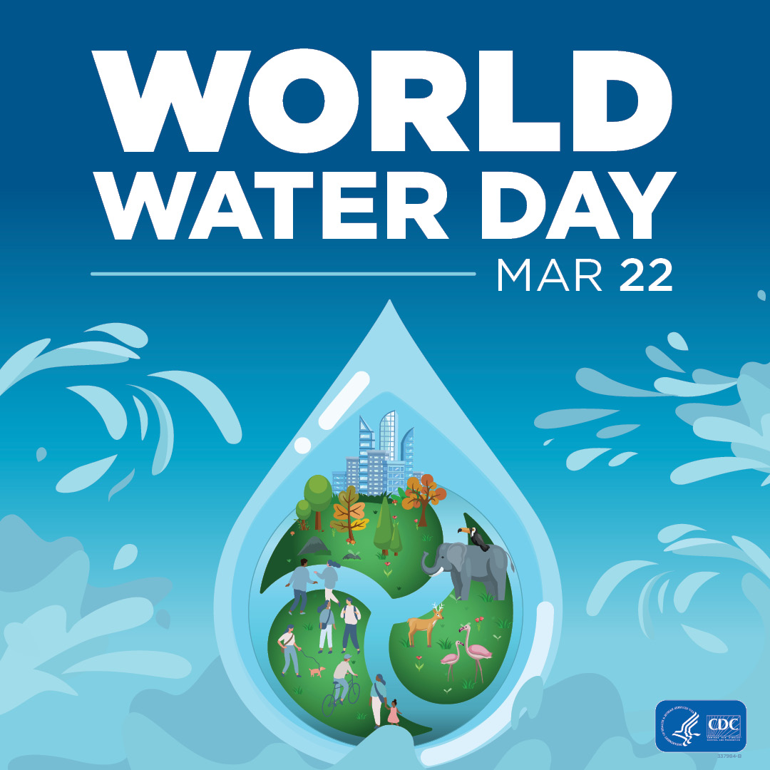 World Water Day is on March 22. Water droplet featuring a globe with animals, people, and environment.