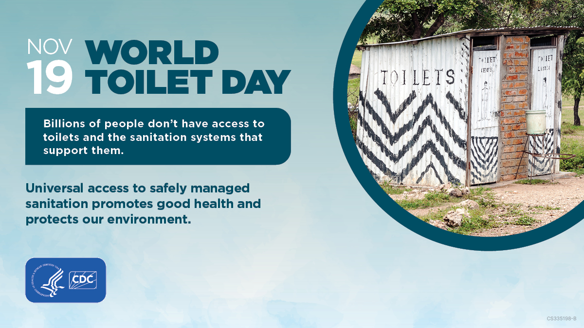 Graphic of latrine painted Toilets and text Nov 19 World Toilet Day Billions of people don’t have access to toilets and the sanitation systems that support them. Universal access to safely managed sanitation promotes good health and protects our environment.