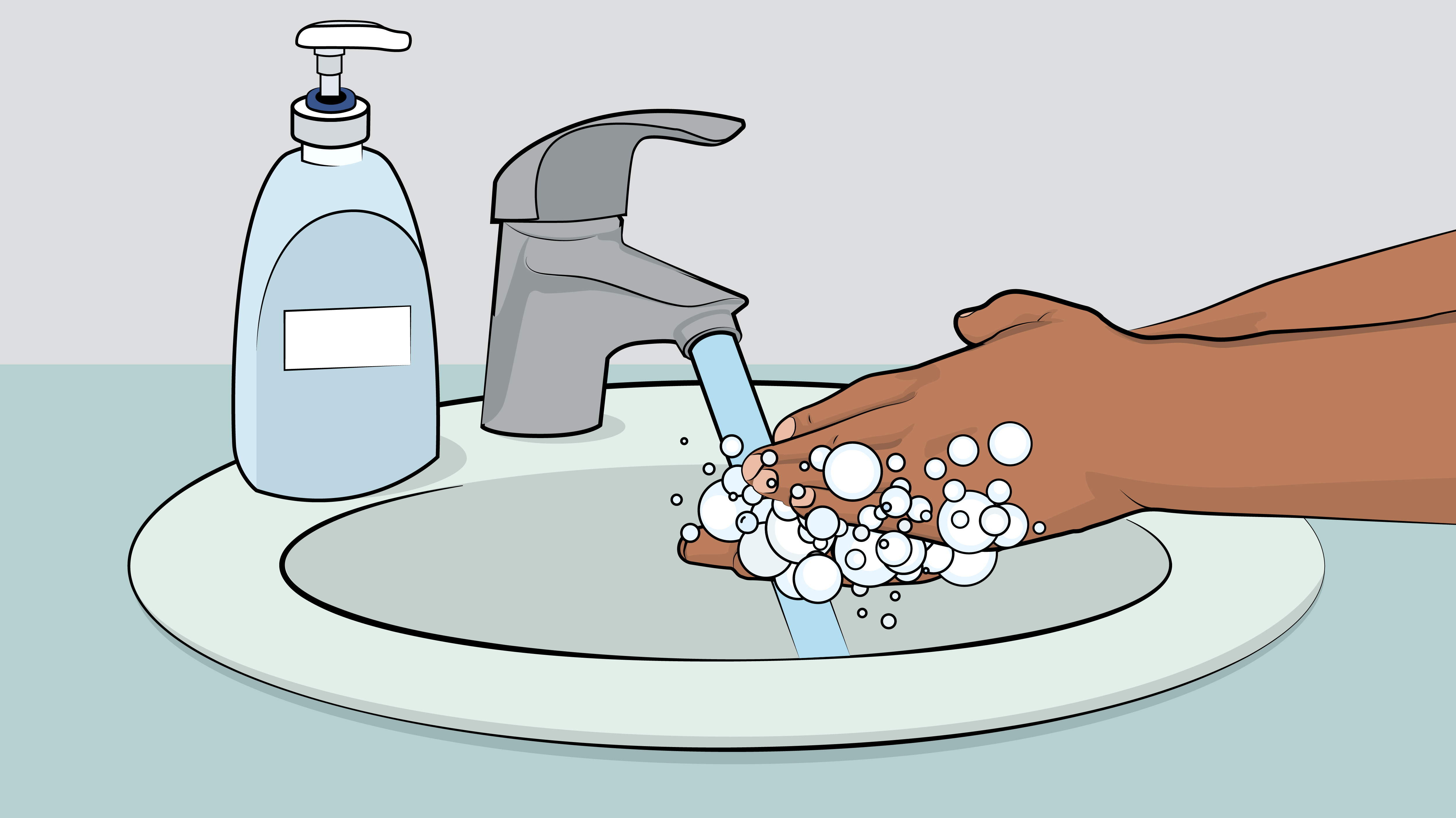 Illustration of a person washing their hands with soap and water.