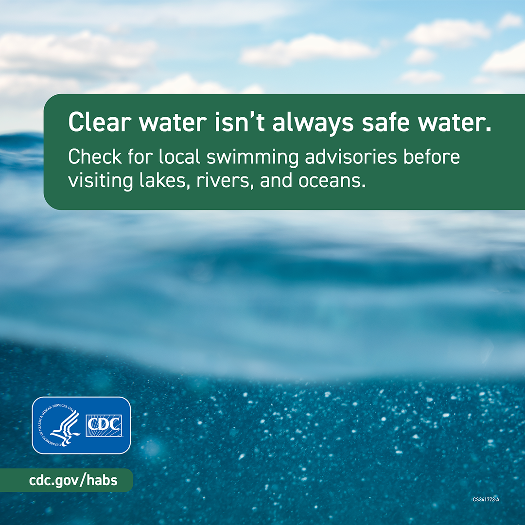 Graphic with a close-up of clear water in the background. Text on the graphic says, "Clear water isn't always safe water. Check for local swimming advisories before visiting lakes, rivers, and oceans."