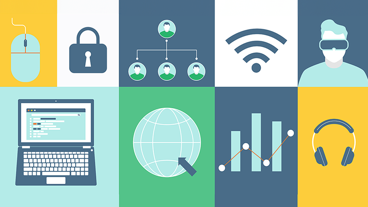 Graphic of different computer icons, laptop, mouse, wifi, internet, headphones.