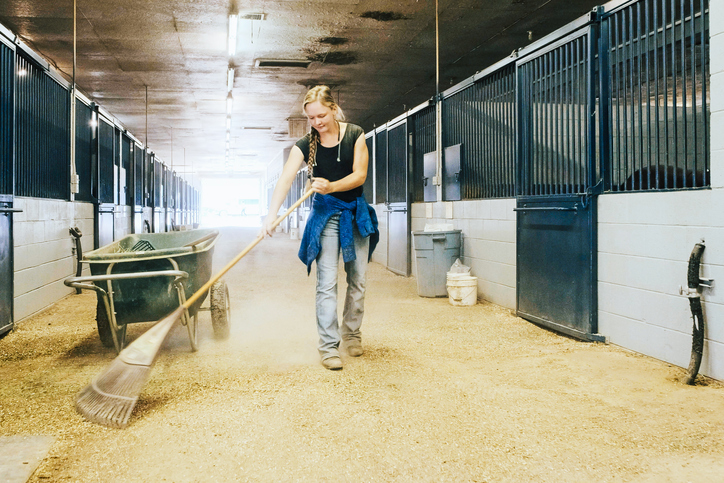 Woman cleaning stable.