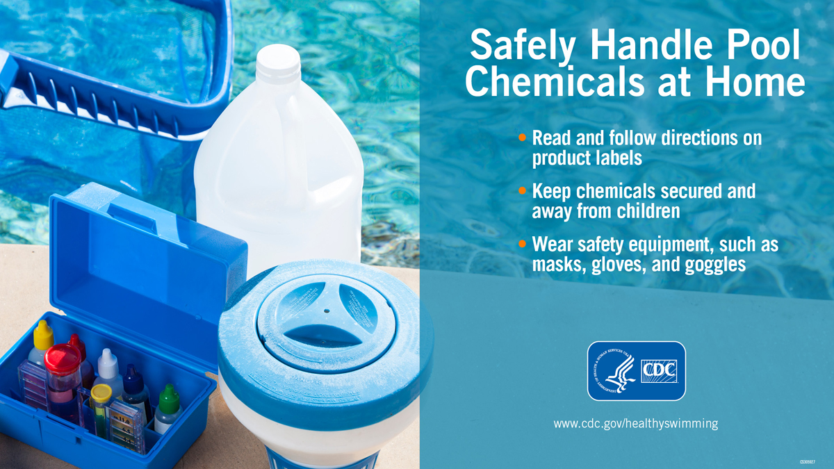 A picture of pool chemicals and a net next to a pool with instructions on how to safely handle pool chemicals at home.