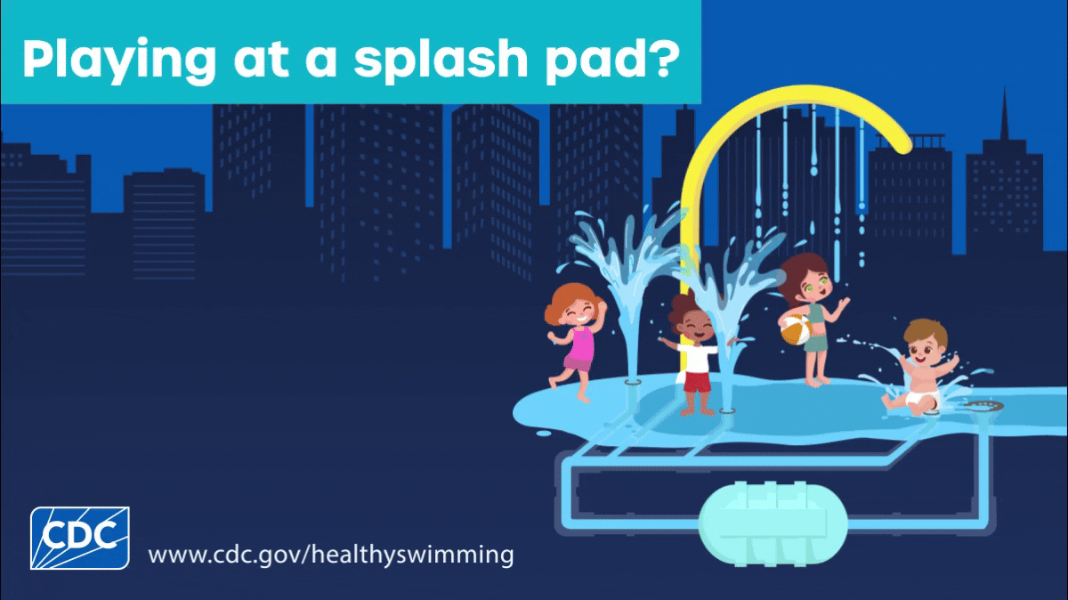 Kids playing at a splash pad while wording about healthy behaviors pops up on the screen, like don't go in if you have diarrhea and don't swallow the water.