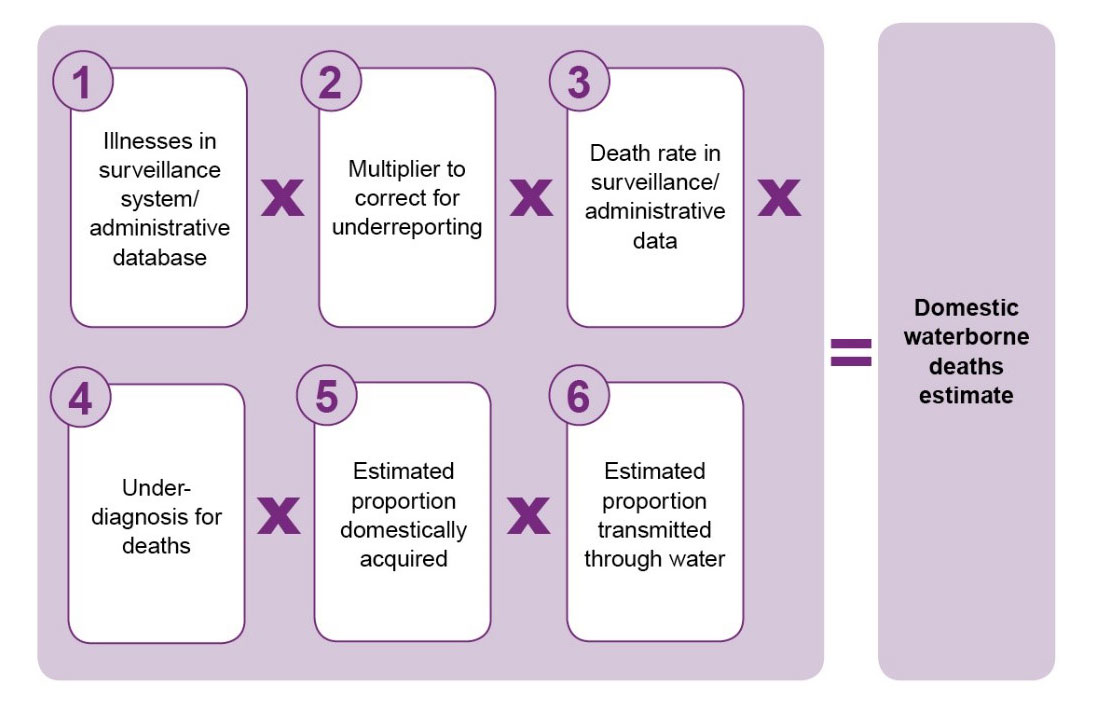 Six white boxes numbered 1-6 listing the variables used to calculate death burden estimate