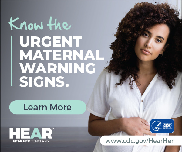 English-300x250-aqua Image of woman with text overlay of know the urgent maternal warning signs.