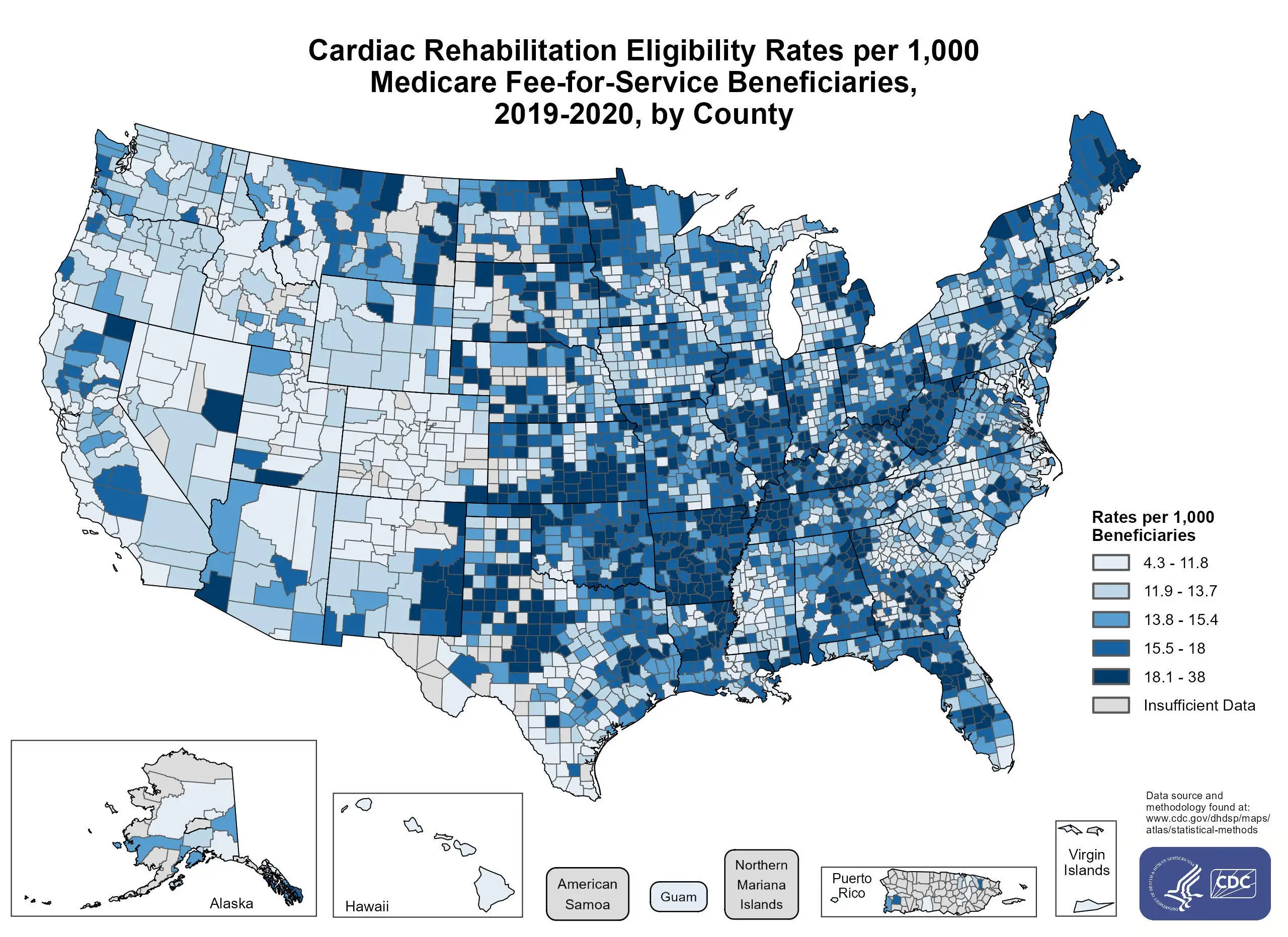 Cardiac Rehabilitation Eligibility Rates Among All Eligible Fee-for-Service Medicare Beneficiaries by County. The map shows that the concentrations of counties with the highest cardiac rehabilitation eligibility – meaning the top quintile – are located primarily in Maine, West Virginia, Kentucky, Indiana Ohio, Michigan, Tennessee, Georgia, Florida, Alabama, Arkansas, Texas, Oklahoma, Kansas, Missouri, South Dakota, Minnesota, Montana, and New Mexico. Pockets of high-rate counties also were found in Vermont, New York, Pennsylvania, New Jersey, Mississippi, Iowa, Wisconsin, North Dakota, Wyoming, Utah, Arizona, and Nevada.