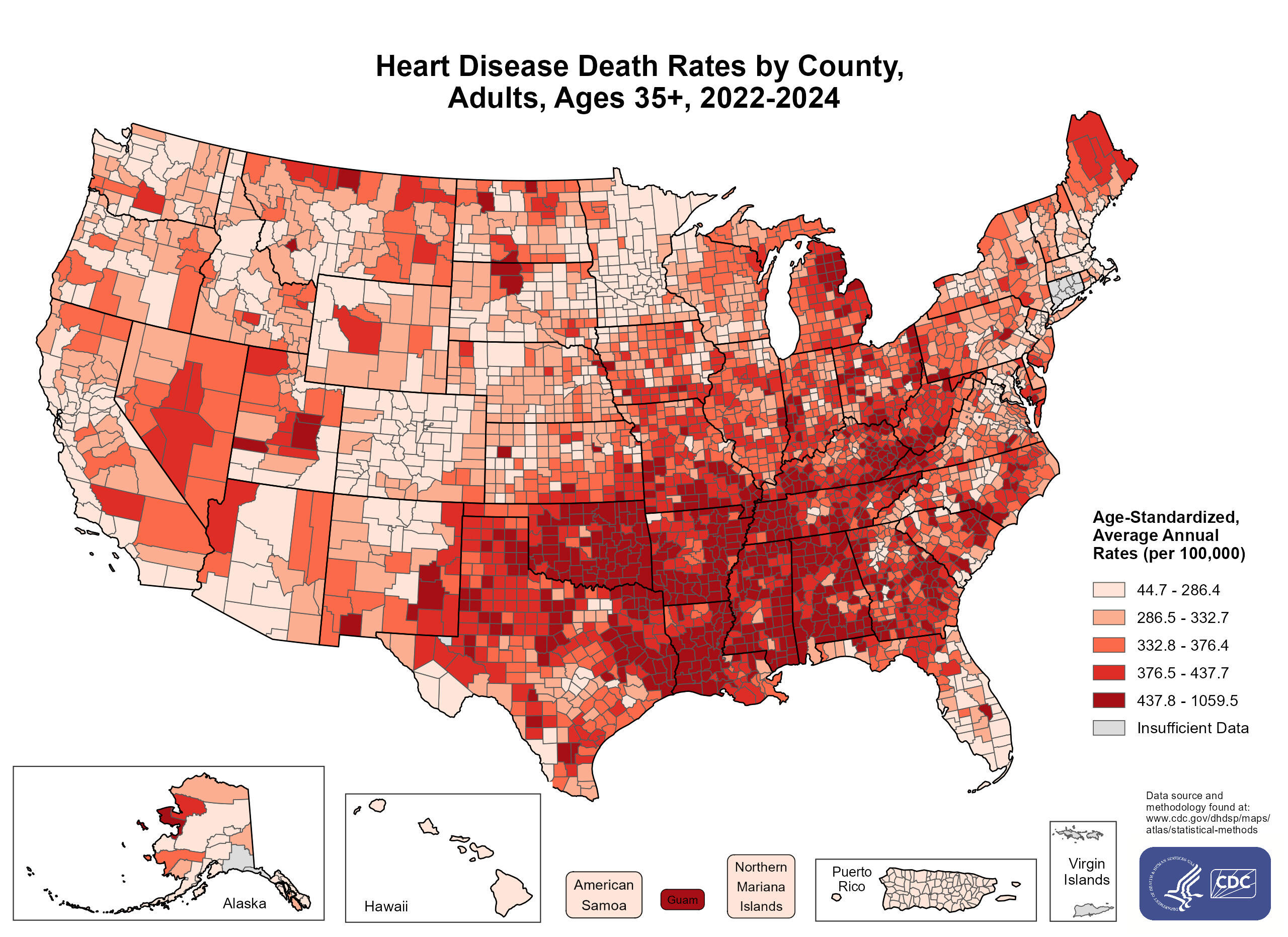 Heart Disease Death Rates for 2022-2024 for All Adults Aged 35 Years and Older by County. The map shows that concentrations of counties with the highest heart disease death rates (specifically, the top quintile) are located primarily in Alabama, Arkansas, Georgia, Guam, Kentucky, Louisiana, Michigan, Mississippi, Missouri, Oklahoma, South Carolina, Tennessee, Texas, and West Virginia.