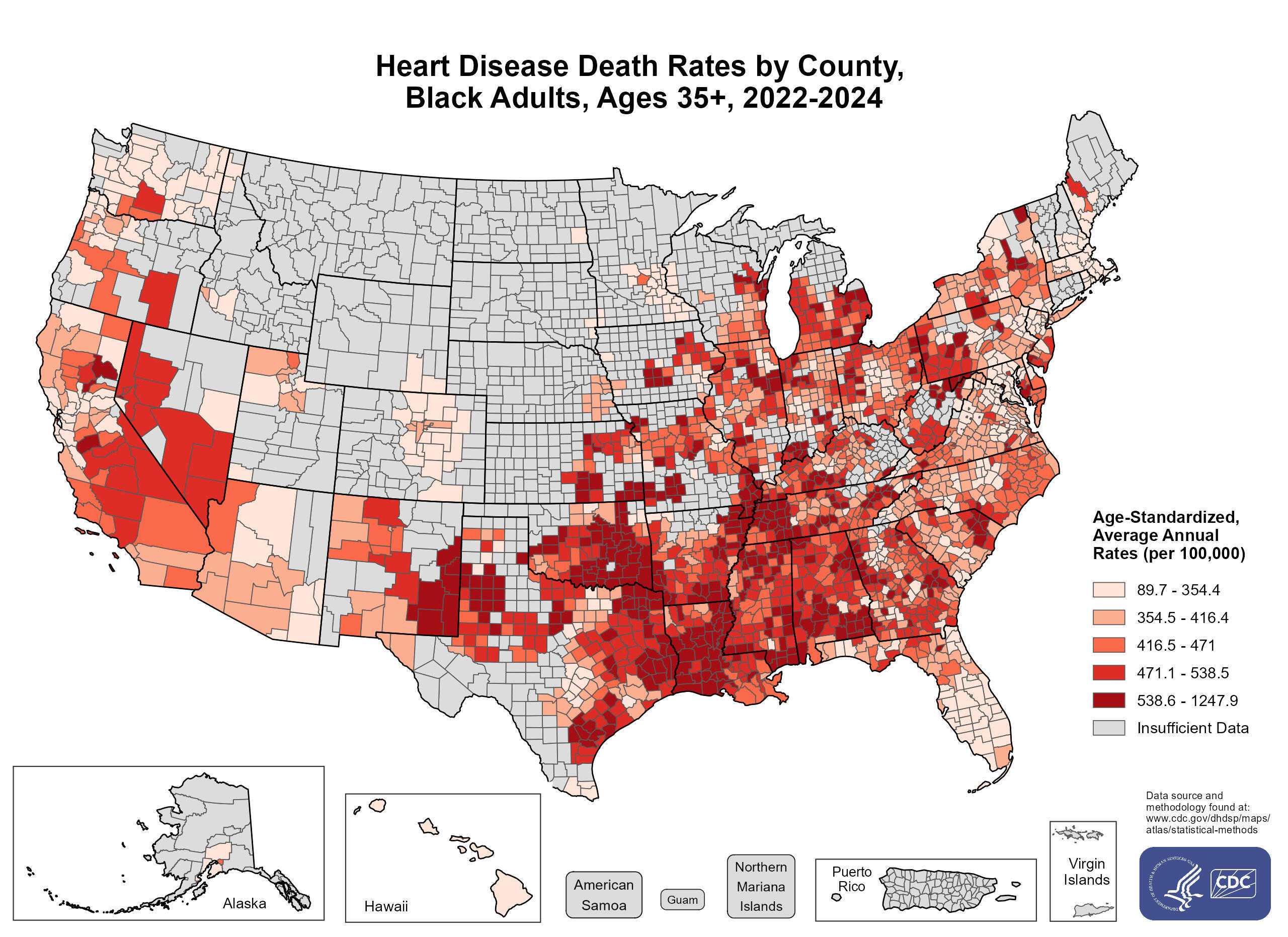 Heart Disease Death Rates for 2022-2024 for Black (Non-Hispanic) Adults Aged 35 Years and Older by County. The map shows that concentrations of counties with the highest heart disease death rates (specifically, the top quintile) are located primarily in Alabama, Arkansas, Georgia, Illinois, Kentucky, Kansas, Louisiana, Michigan, Mississippi, Missouri, New Mexico, Oklahoma, Tennessee, and Texas.
