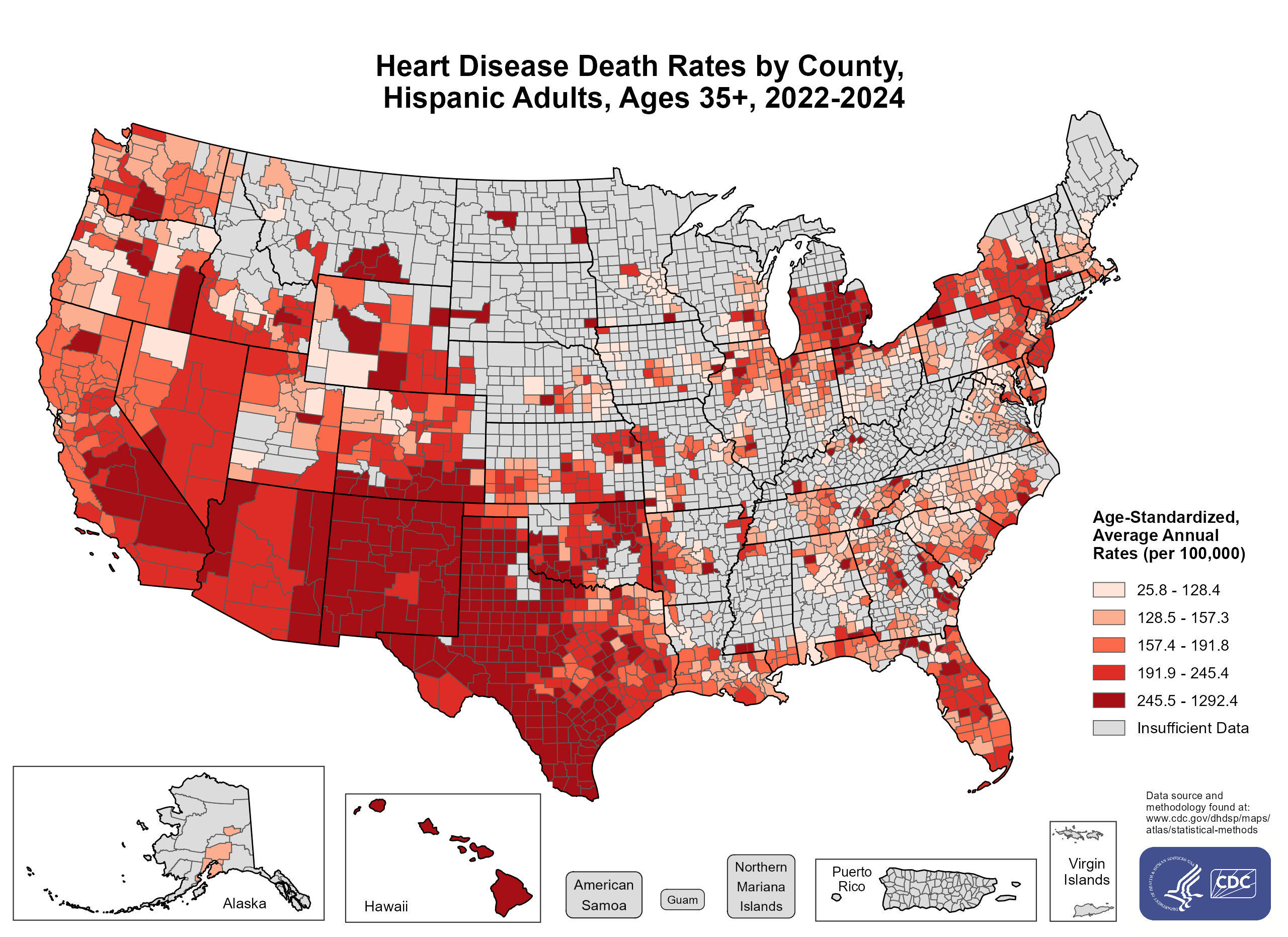 Heart Disease Death Rates for 2022-2024 for Hispanic Adults Aged 35 Years and Older by County. The map shows that concentrations of counties with the highest heart disease death rates (specifically, the top quintile) are located primarily in parts of Arizona, California, Colorado, Florida, Hawaii, Michigan, Montana, New Mexico, Oklahoma, Texas, and Wyoming.
