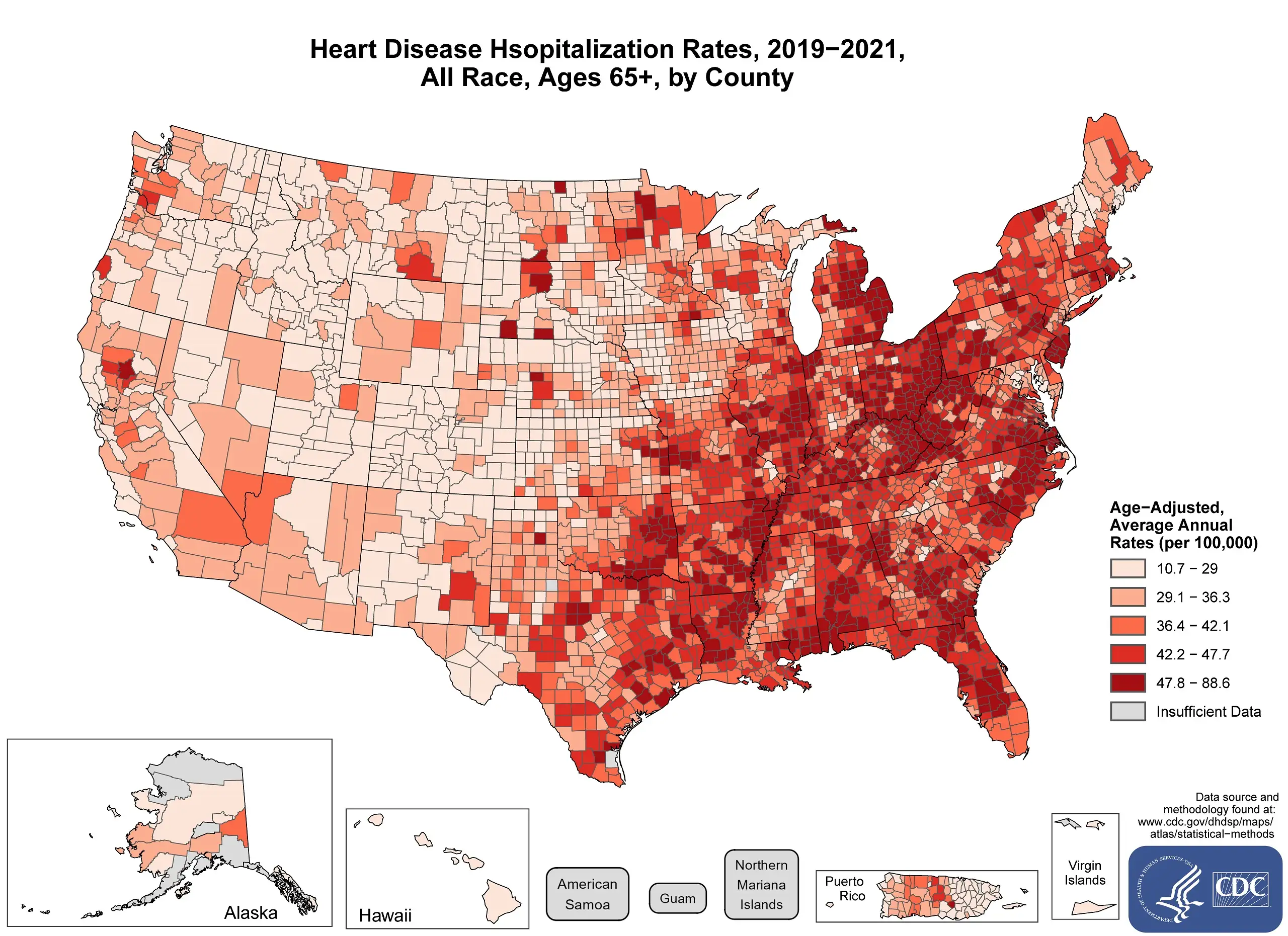The map shows that concentrations of counties with the highest heart disease hospitalization rates, all races aged 65 years and older - meaning the top quintile - with heavy concentrations of high-rate counties in Michigan, Illinois, Missouri, Arkansas, Texas, Oklahoma, Louisiana, Mississippi, Alabama, Georgia, Floria, Tennessee, Kentucky, Indiana, Ohio, North Carolina, South Carolina, Virgina, West Virigina, Delaware, Maryland, New Jersey, New York, Pennsylvania, Vermont, Massachusetts, Rhode Island, Connecticut, Washington, D.C.