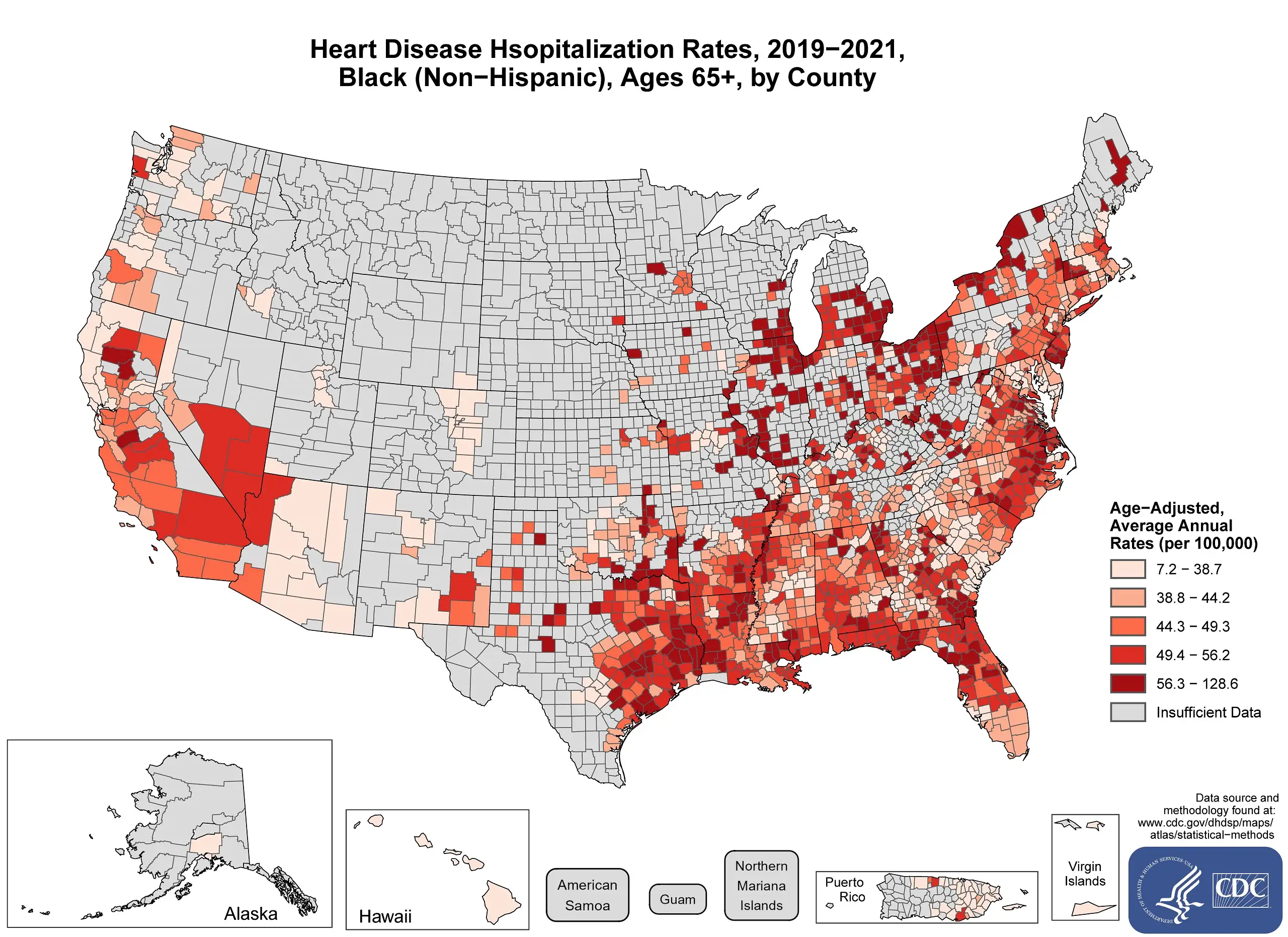 The map shows that concentrations of counties with the highest heart disease hospitalization rates, Black (non-Hispanic) adults ages 65 and older - meaning the top quintile - with heavy concentrations of high-rate counties in California, Nevada, Texas, Louisiana, Arkansas, Mississippi, Alabama, Georgia, Floria, Illinois, Michigan, North Carolina, South Carolina, Virigina, Ohio, Pennsylvania, Delaware, New Jersey, New York, Washington D.C., Rhode Island, Massachusetts.