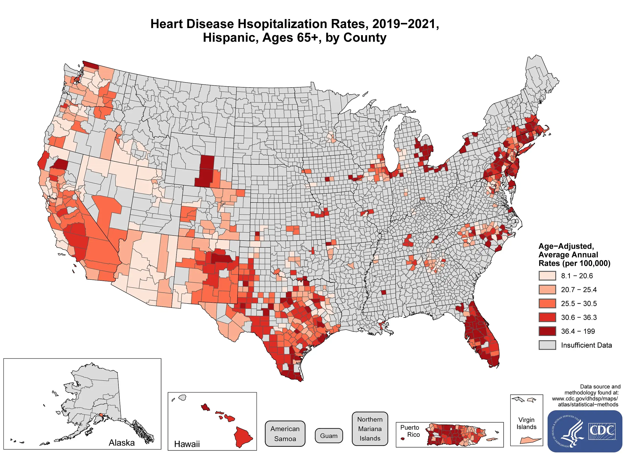 The map shows that concentrations of counties with the highest heart disease hospitalization rates, Hispanic adults ages 65 and older - meaning the top quintile - with heavy concentrations of high-rate counties in New Mexico, Texas, Florida, Michigan, Pennsylvania, New York, Delaware, Rhode Island, Massachusetts.