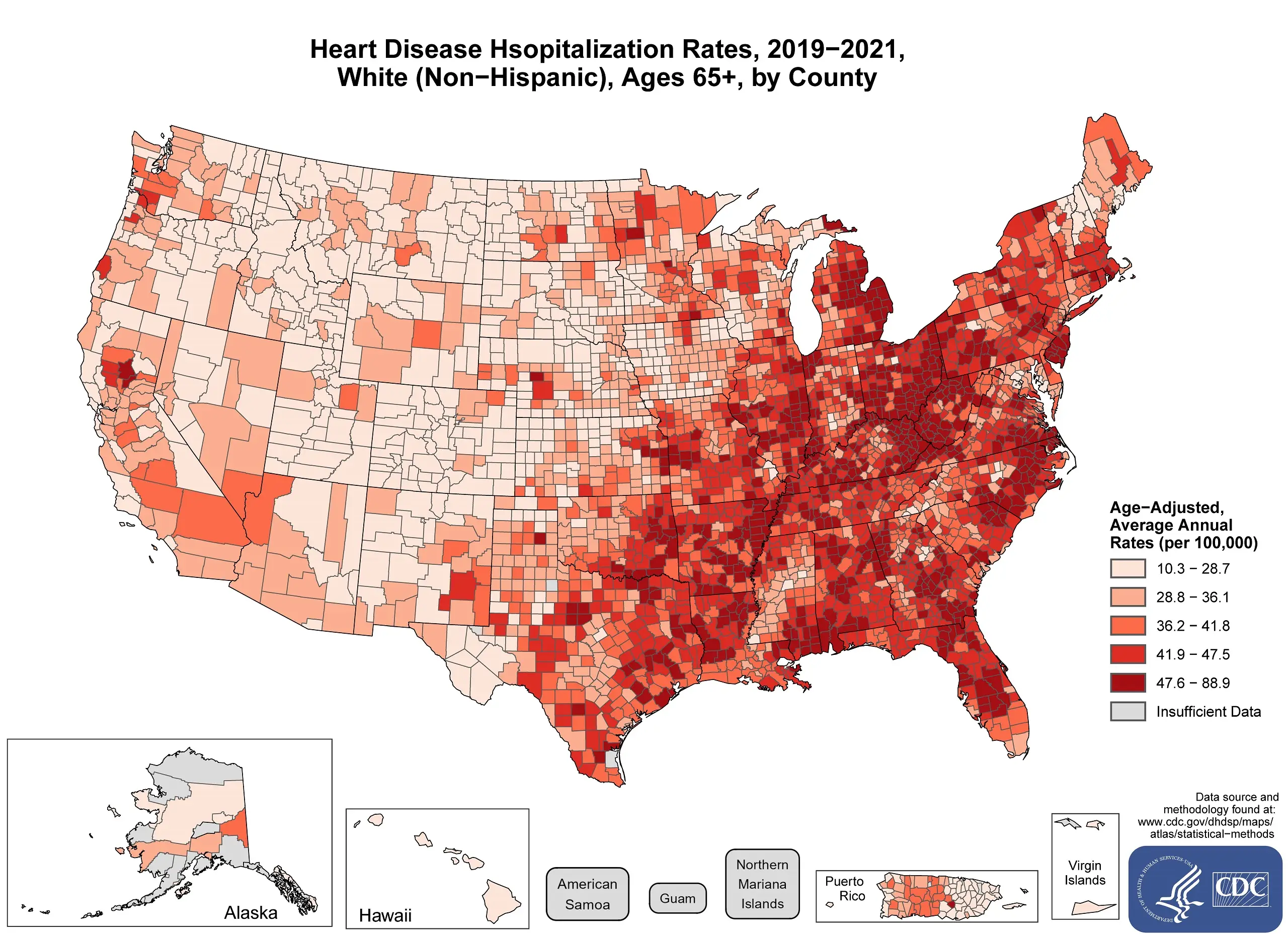 The map shows that concentrations of counties with the highest heart disease hospitalization rates, White (non-Hispanic) adults ages 65 and older - meaning the top quintile - with heavy concentrations of high-rate counties in Texas, Missouri, Oklahoma, Arkansas, Louisiana, Alabama, Mississippi, Georgia, Floria, North Carolina, South Carolina, Illinois, Michigan, Indiana, Ohio, Kentucky, Tennesse, Virigina, West Virigina, Washington, D.C., Delaware, New Jersey, Connecticut, Pennsylvania, New York, Vermont, Massachusetts, Rhode Island.
