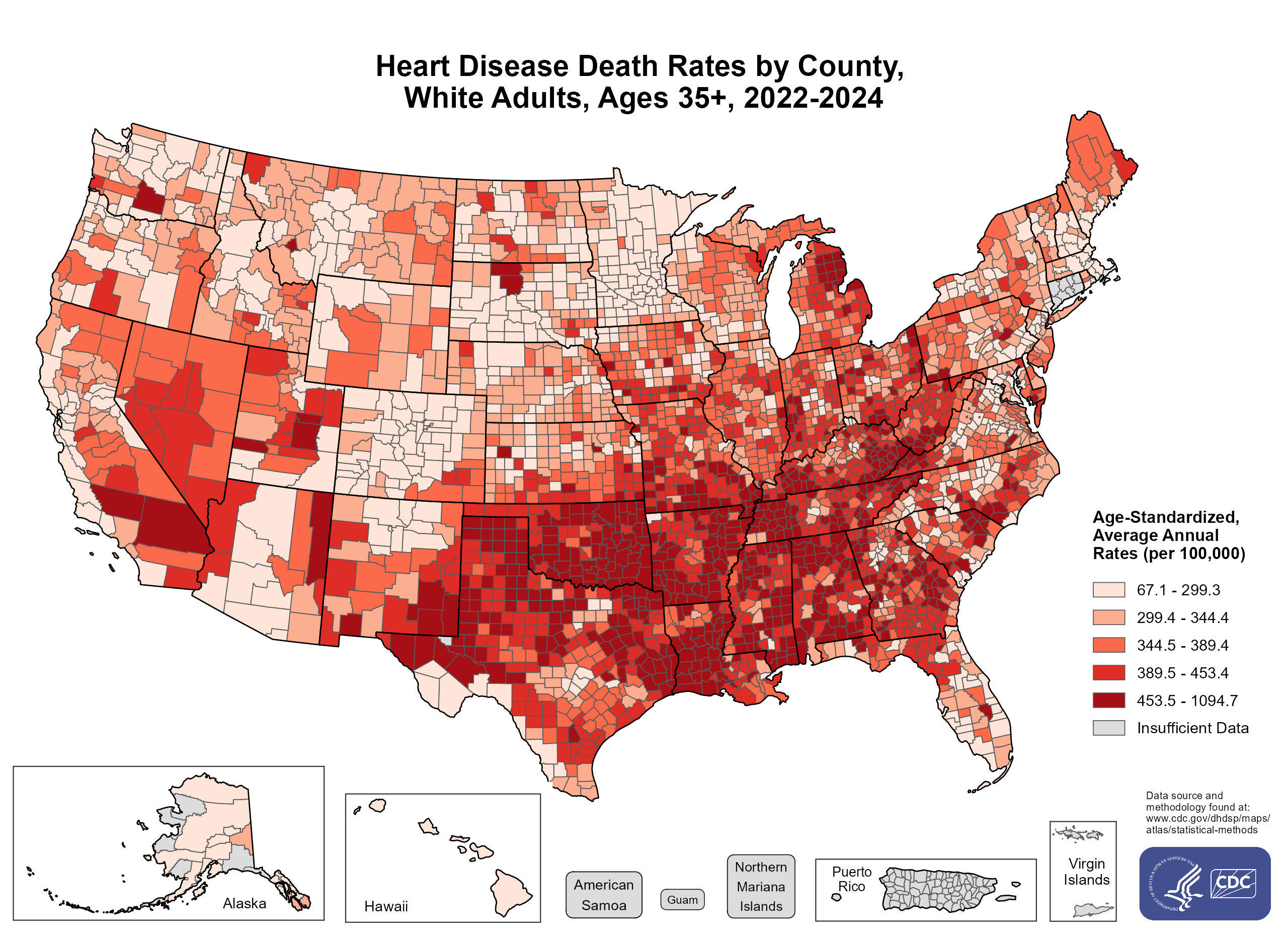 Heart Disease Death Rates for 2022-2024 for White (Non-Hispanic) Adults Aged 35 Years and Older by County. The map shows that concentrations of counties with the highest heart disease death rates (specifically. e the top quintile_ are located primarily in Alabama, Arkansas, Georgia, Kentucky, Louisiana, Michigan, Mississippi, Missouri, Oklahoma, South Carolina, Tennessee, Texas, and West Virginia.
