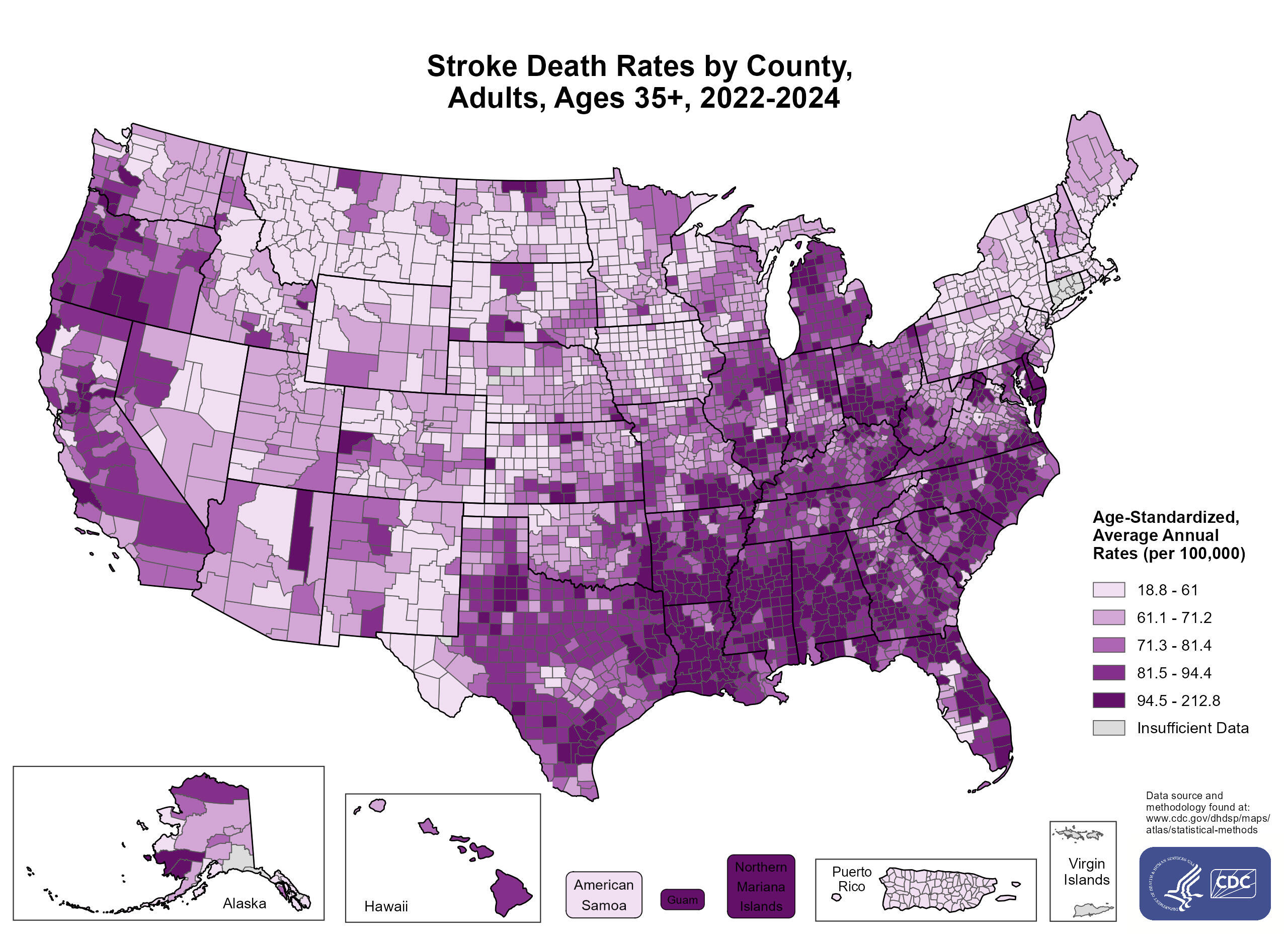 Stroke Death Rates for 2022–2024 for All Adults Aged 35 Years and Older by County. The map shows that concentrations of counties with the highest stroke death rates (specifically, the top quintile) are located primarily in parts of Alabama, Alaska, Arkansas, California, Delaware, Florida, Georgia, Guam, Illinois, Indiana, Kentucky, Louisiana, Maryland, Michigan, Mississippi, Missouri, North Carolina, Northern Mariana Islands, Ohio, Oregon, South Carolina, Tennessee, Texas, and Virginia.