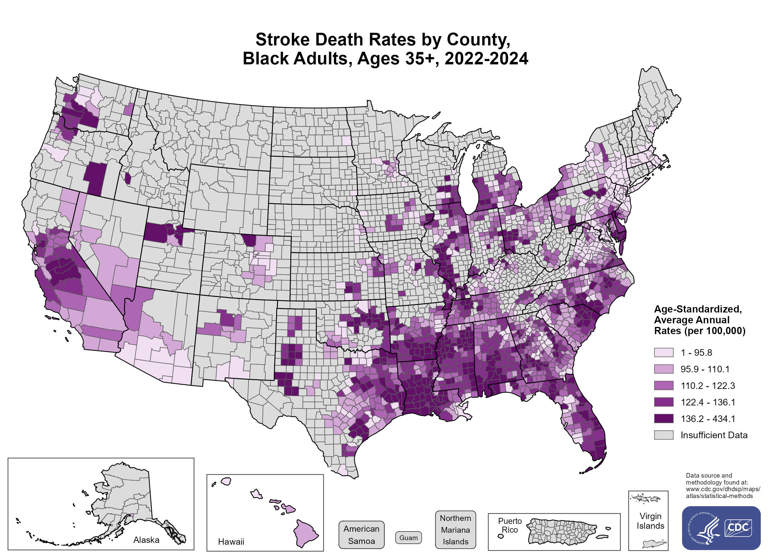 Stroke Death Rates for 2022–2024 for Black (Non-Hispanic) Adults Aged 35 Years and Older by County. The map shows that concentrations of counties with the highest stroke death rates (specifically, the top quintile) are located primarily in parts of Alabama, Arkansas, California, Florida, Georgia, Illinois, Louisiana, Maryland, Mississippi, Missouri, North Carolina, Ohio, Oklahoma, South Carolina, Tennessee, Texas, Utah, Washington, and Wisconsin.