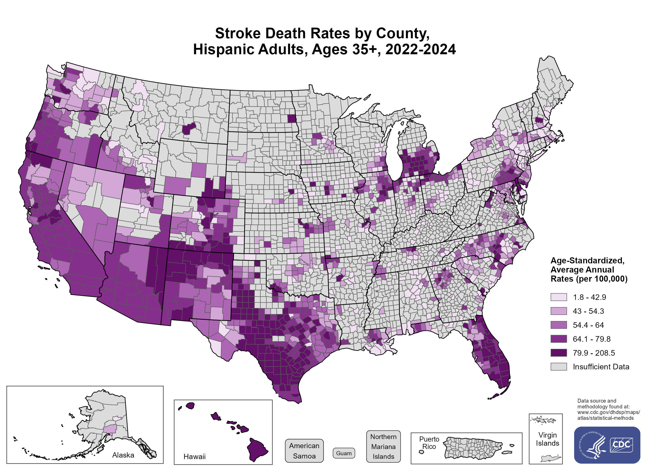 Stroke Death Rates for 2022–2024 for Hispanic Adults Aged 35 Years and Older by County. The map shows that concentrations of counties with the highest stroke death rates (specifically, the top quintile) are located primarily in parts of Arizona, California, Colorado, Florida, Hawaii, Maryland, Michigan, New Mexico, North Carolina, Oregon, Texas, and Wyoming.