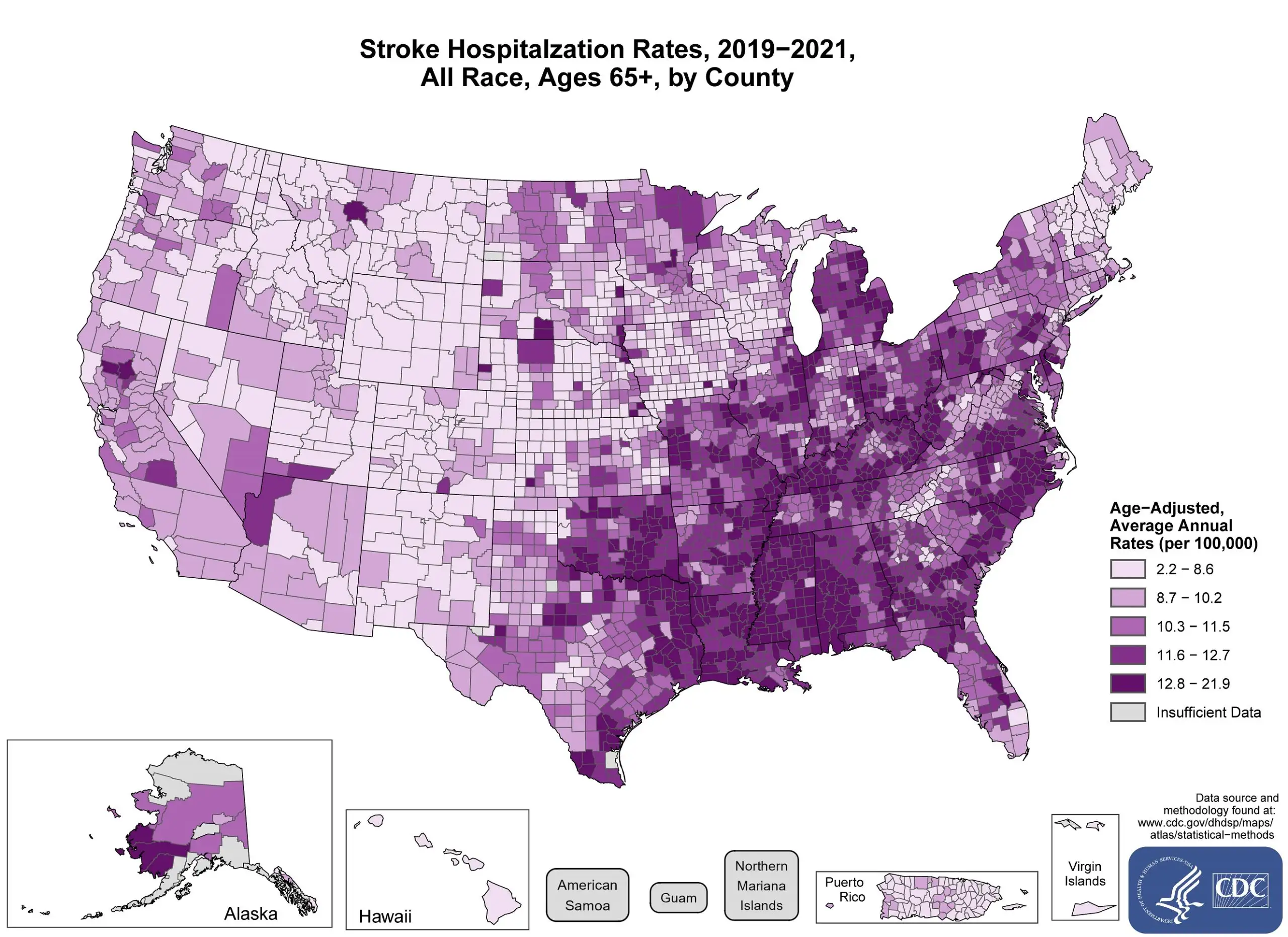 The US map shows stroke hospitalization rates for the years 2019-2021 for all races and ages 65 and older by county.