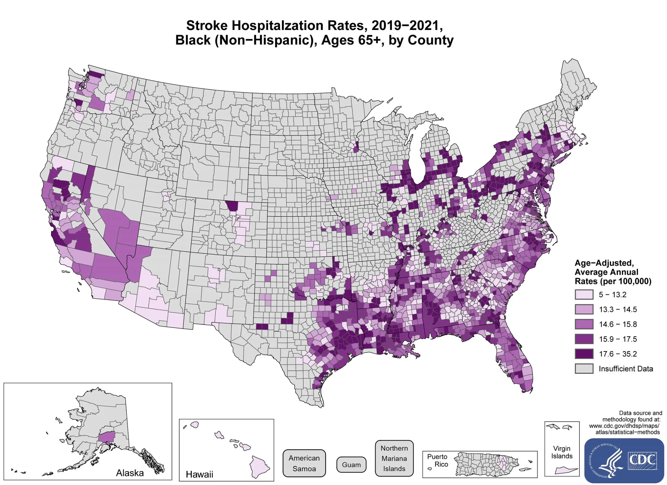 The maps shows stroke hospitalization rates for Black adults for the years 2019-2021 ages 65 and older by county in the US.