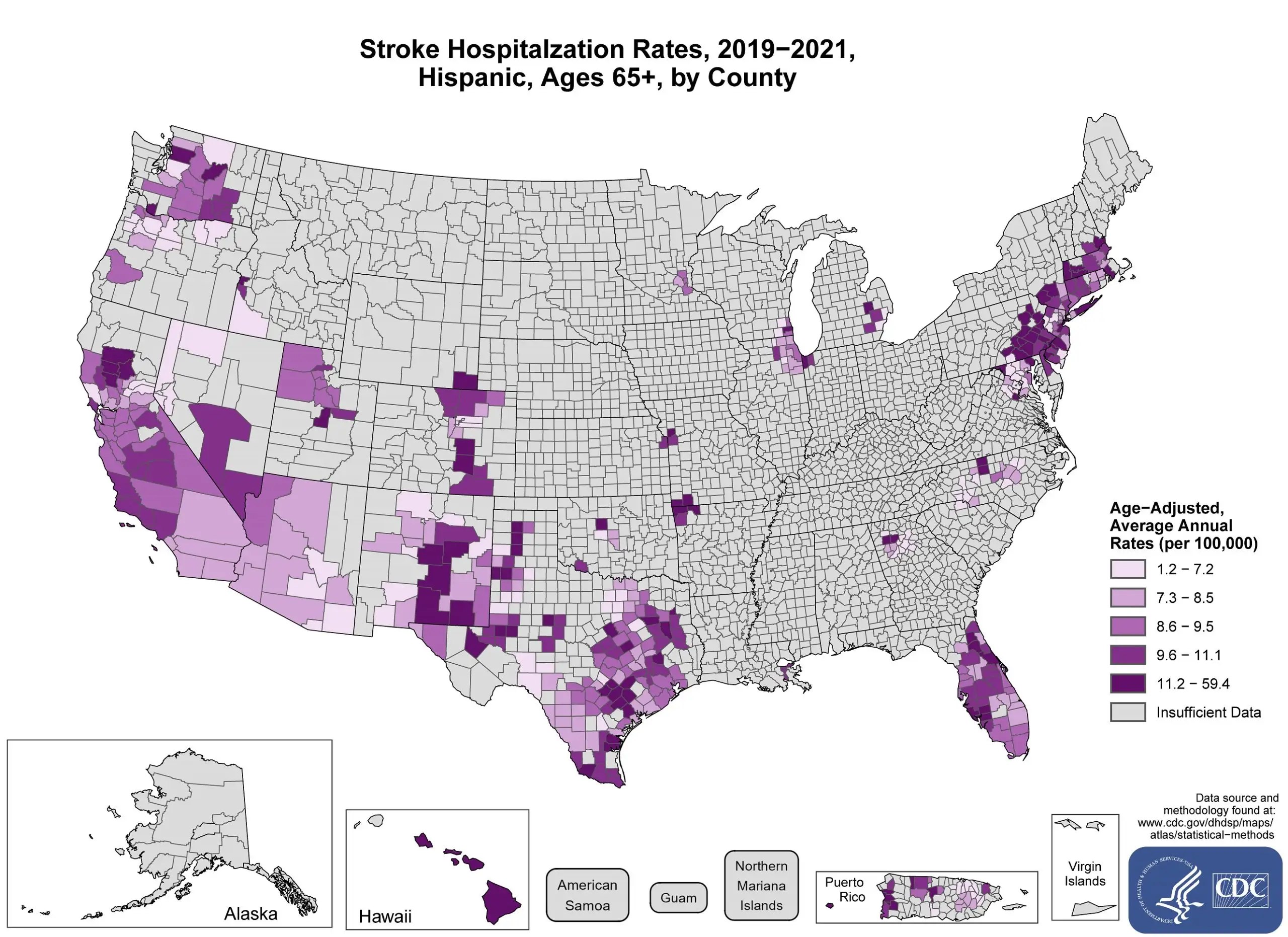 The maps shows stroke hospitalization rates for Hispanic adults for the years 2019-2021 ages 65 and older by county in the US.