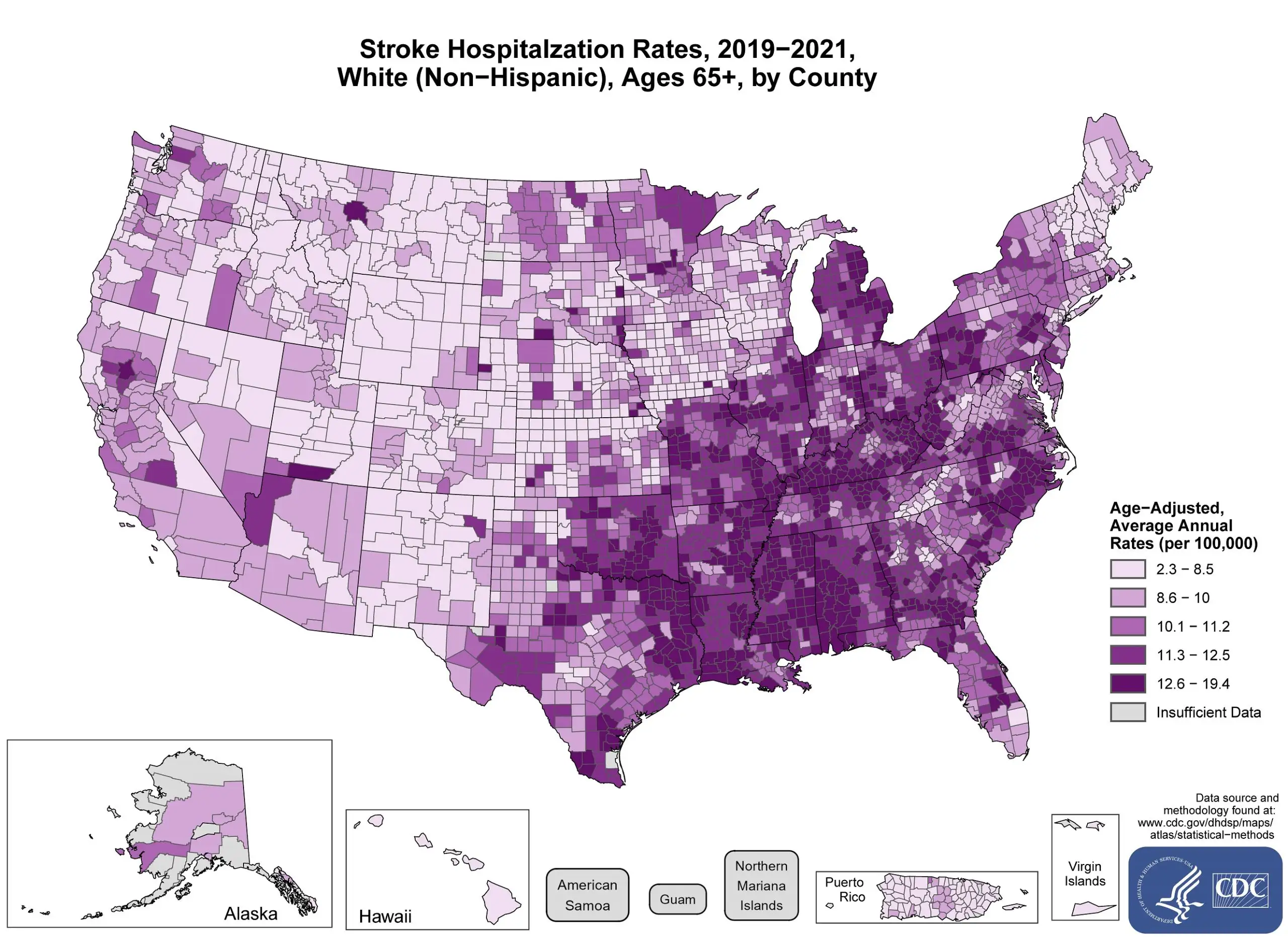 The maps shows stroke hospitalization rates for White adults for the years 2019-2021 ages 65 and older by county in the US.