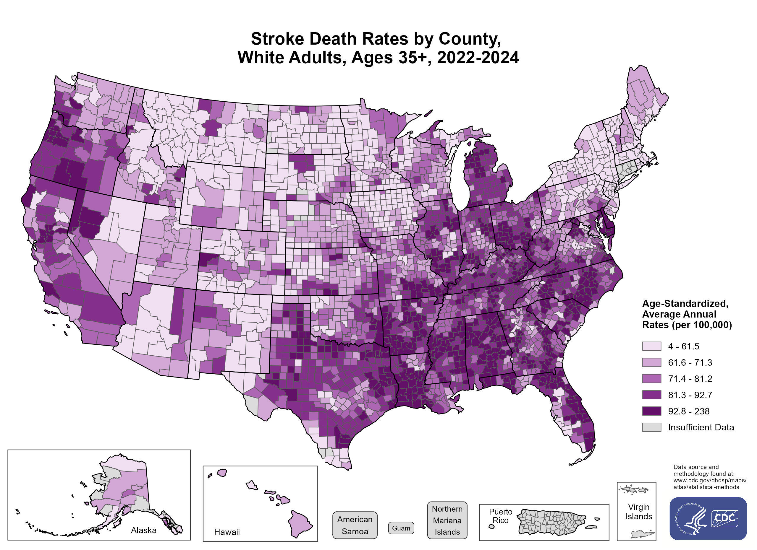 Stroke Death Rates for 2022–2024 for White (Non-Hispanic) Adults Aged 35 Years and Older by County. The map shows that concentrations of counties with the highest stroke death rates (specifically, the top quintile) are located primarily in parts of Alabama, Arkansas, California, Delaware, Georgia, Illinois, Indiana, Kentucky, Louisiana, Maryland, Michigan, Mississippi, Missouri, North Carolina, Ohio, Oklahoma, Oregon, South Carolina, Tennessee, Virginia, and West Virginia.