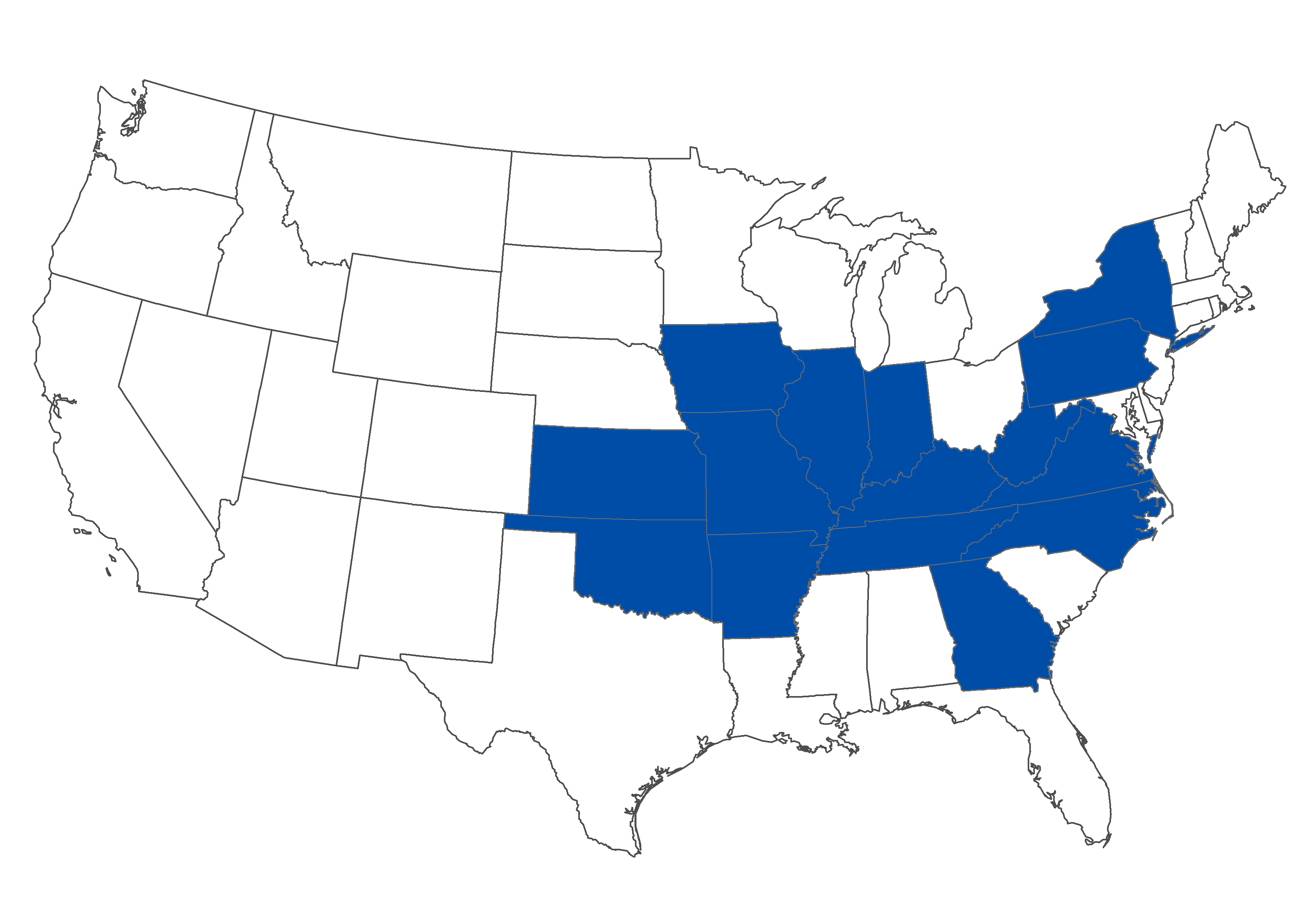 States reporting Heartland: Arkansas, Georgia, Illinois, Indiana, Iowa, Kansas, Kentucky, Missouri, New York, North Carolina, Oklahoma, Pennsylvania, Tennessee, and Virginia