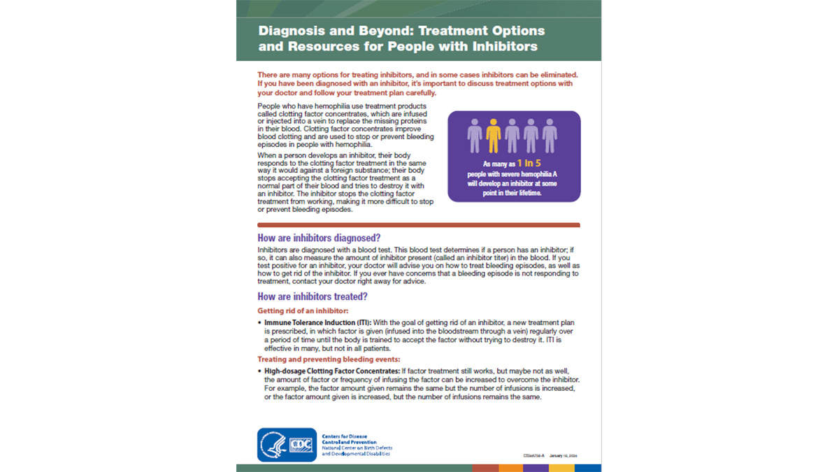 Inhibitor factsheet Picture of a handout that explains inhibitors and testing for inhibitors