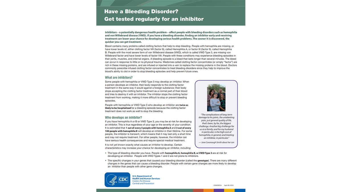 have_a_bleeding_disorder Picture of a handout that explains inhibitors and testing for inhibitors