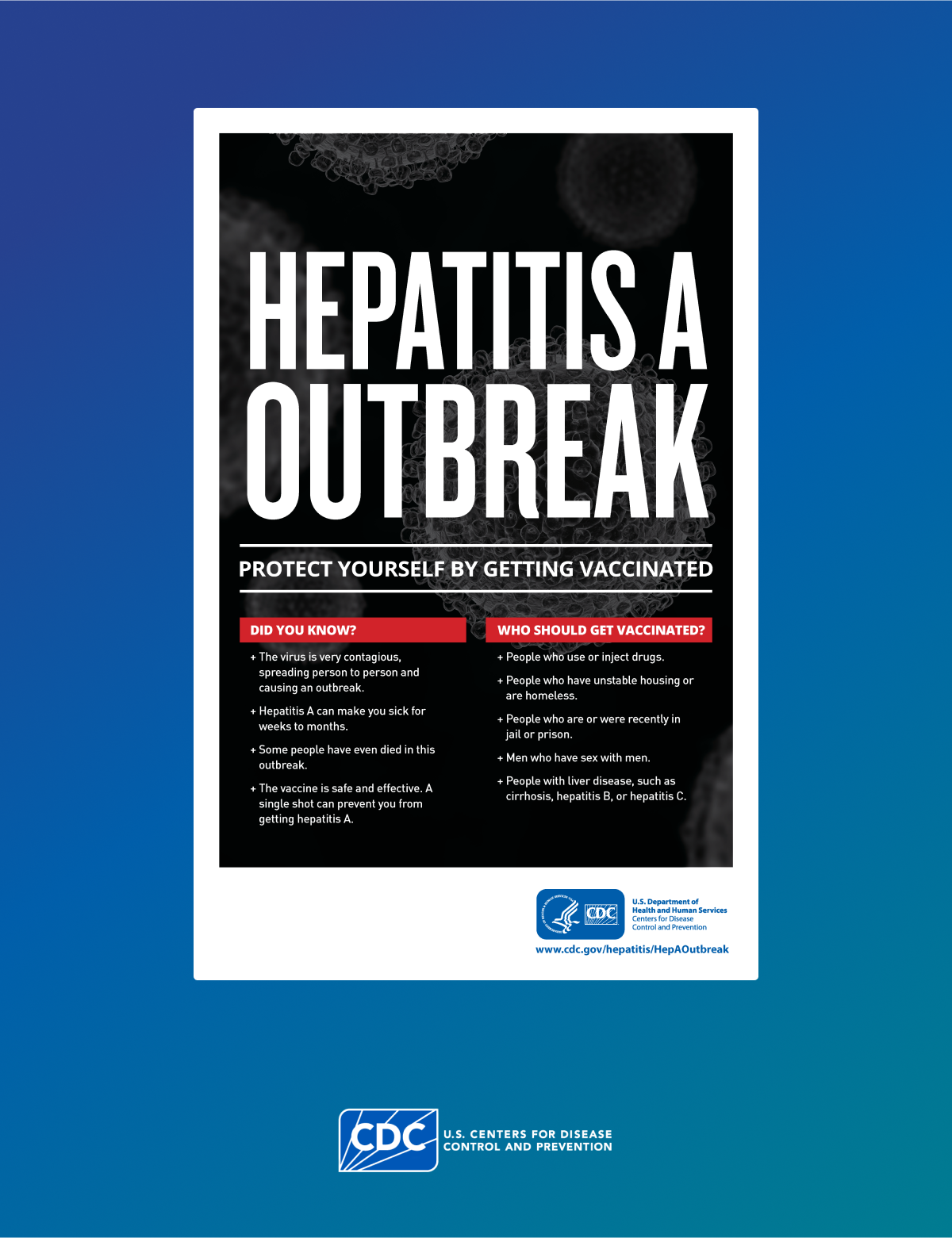 Hepatitis A Outbreak: High Risk Audiences | CDC Poster in English showing details around what to do during a hepatitis A outbreak for high risk individuals