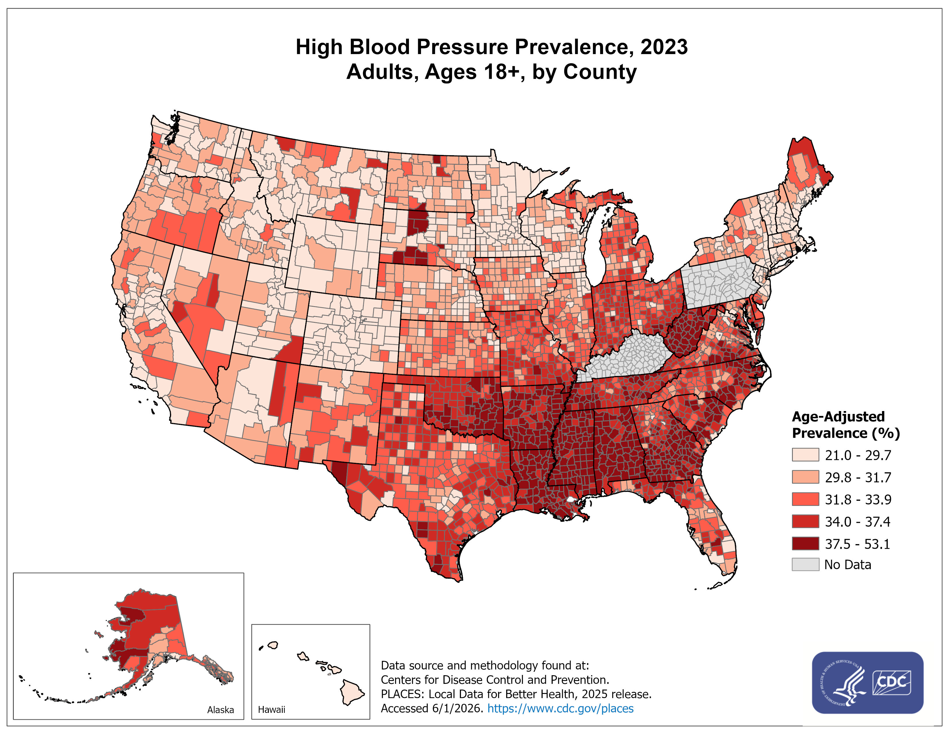 Hypertension prevalence in adults aged 18 and older in the US by county, 2023