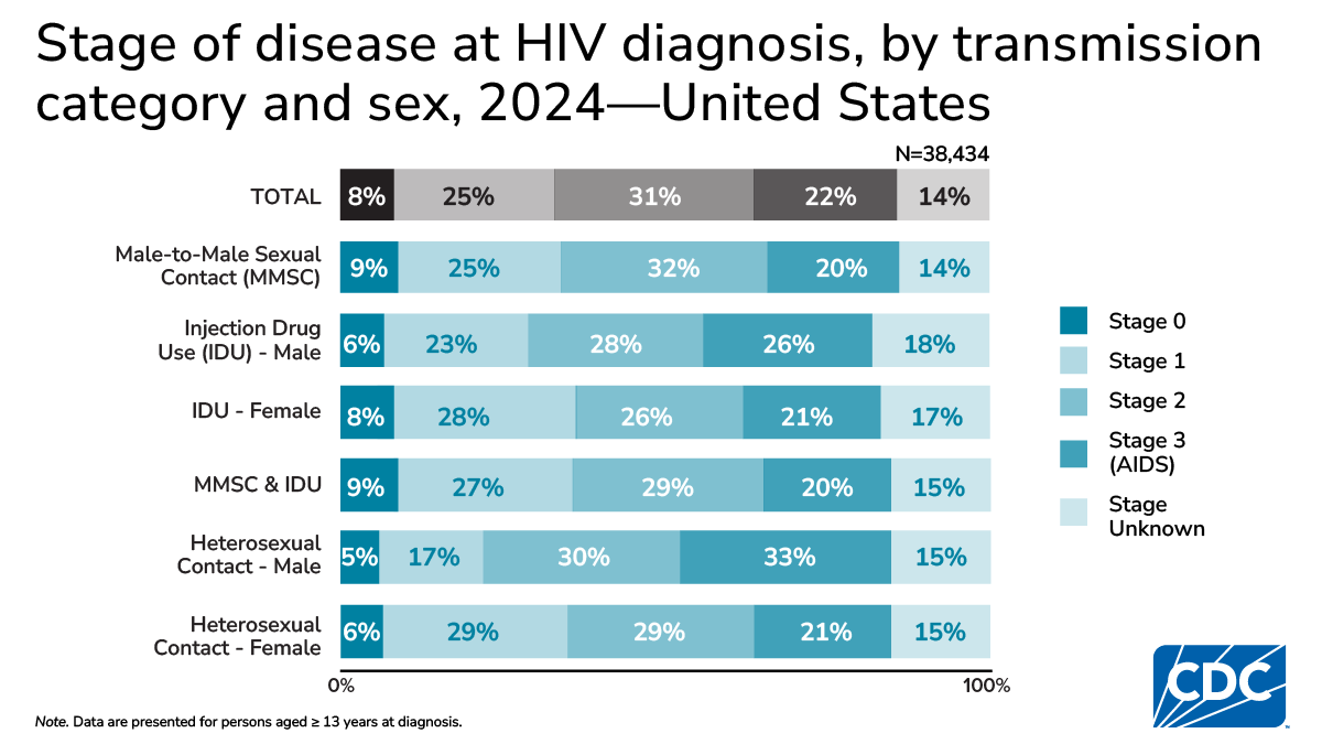 In 2024, stage 3 diagnoses were highest in heterosexual males (33%); stage 0 highest in MMSC and MMSC & IDU (9%).