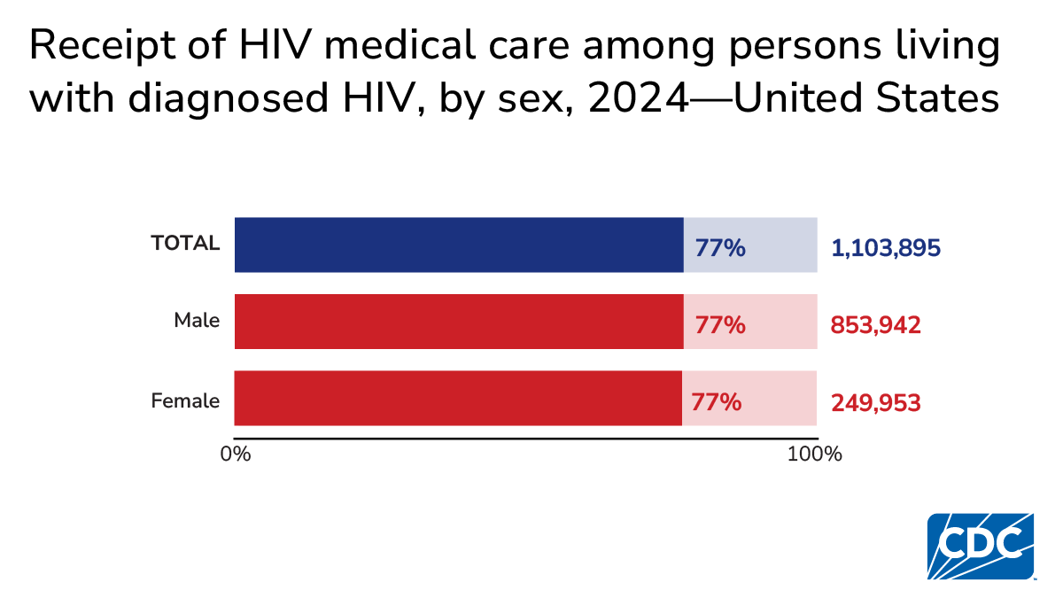 By sex, 76.6% of females and 77.1% of males received HIV medical care during 2024.
