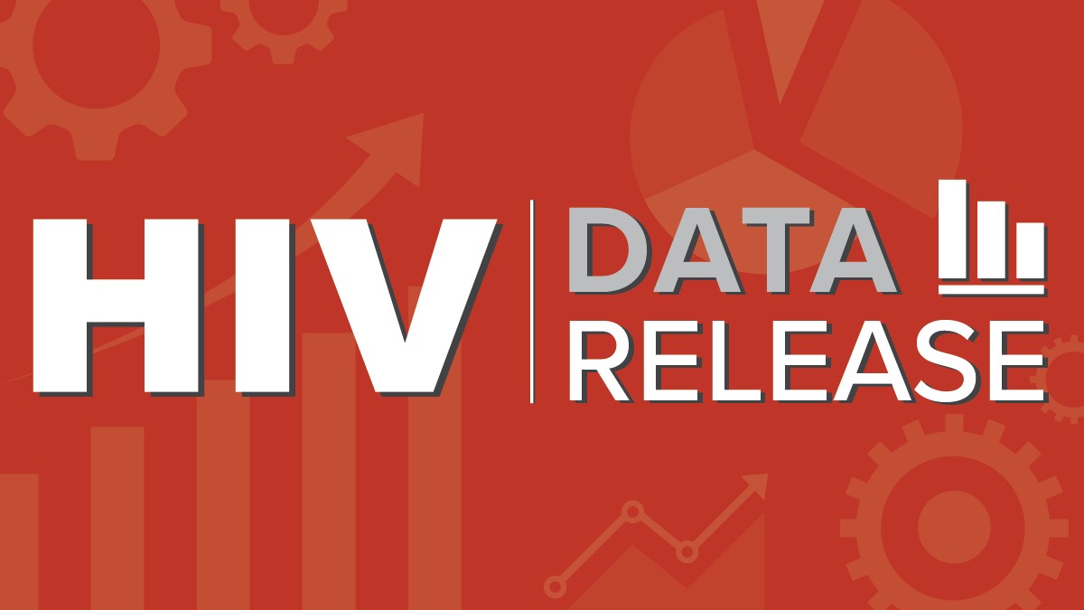 Red graphic with large white text reading “HIV Data Release” and faint background icons of charts, gears, and arrows.