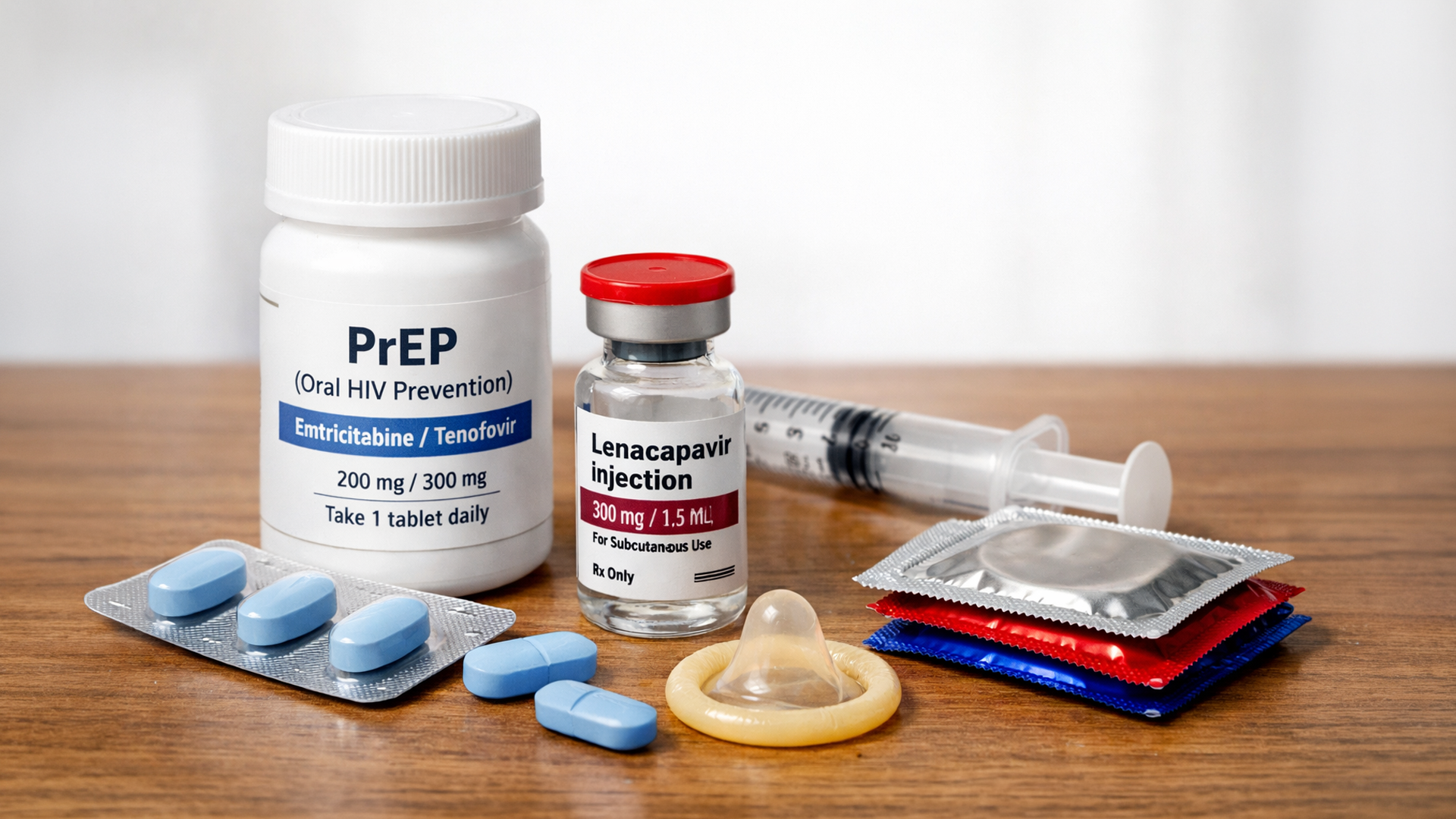 Image showing oral and injectable PrEP and condoms.