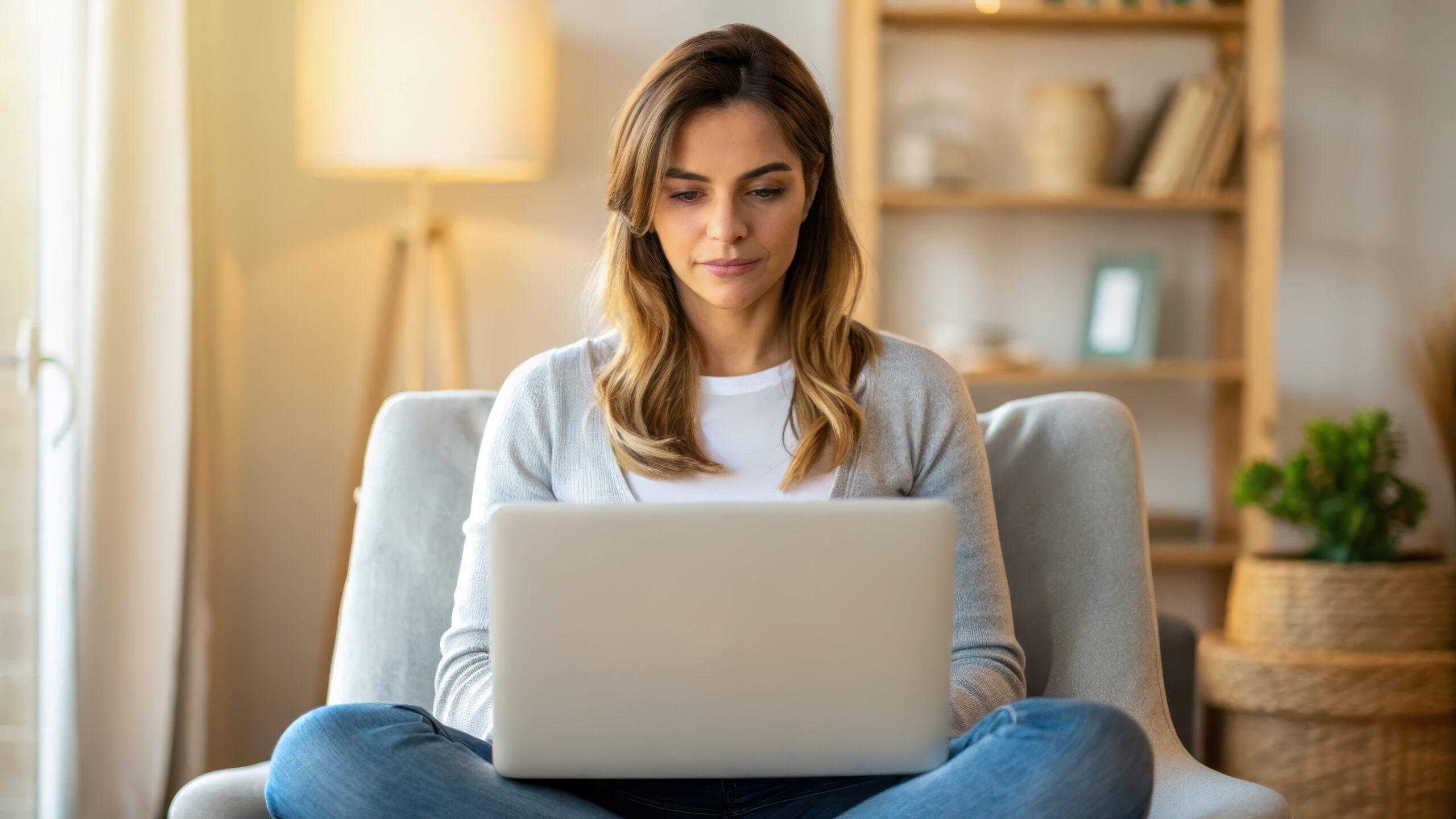 A young woman, sitting on a couch, looking at a laptop computer.