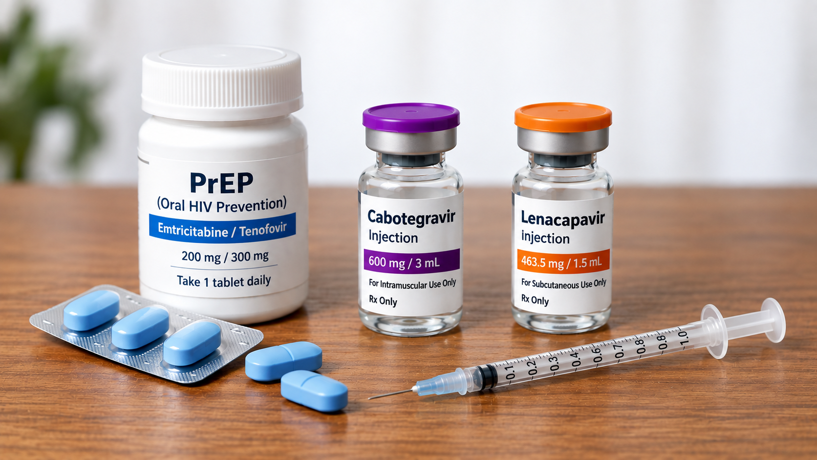 Image of oral and injectable PrEP options on a table.