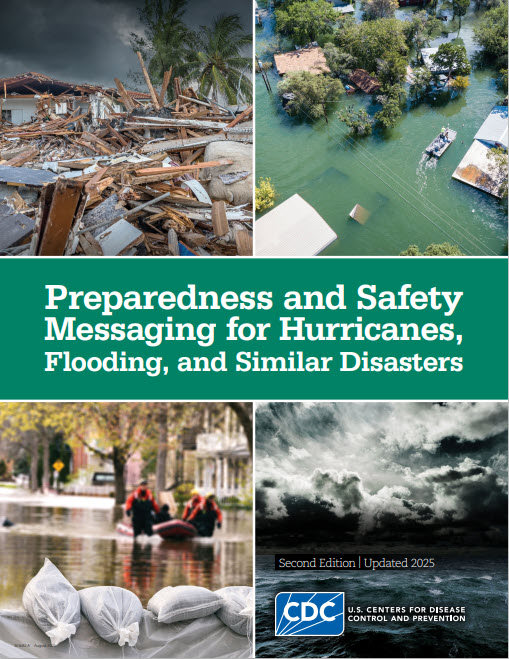 Cover graphic of the Preparedness and Messaging for Hurricanes, Flooding, and Similar Disasters PDF Gráfico de la portada del PDF “Mensajes de preparación y seguridad respecto a huracanes, inundaciones y desastres similares”.