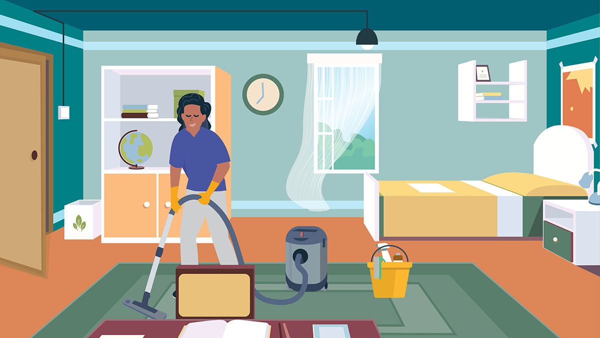 Cleaning a room woman vaccuuming a bedroom