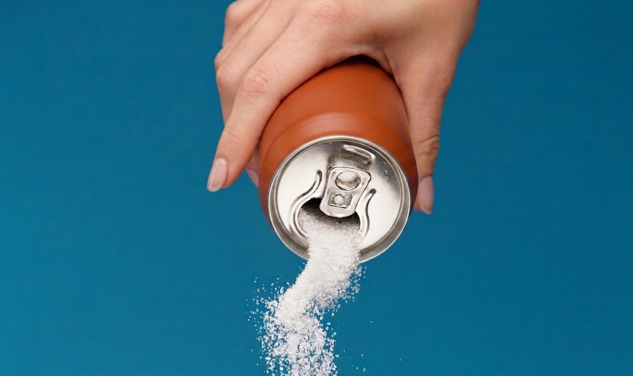 Pouring out sugar from a sugar-sweetened beverage.