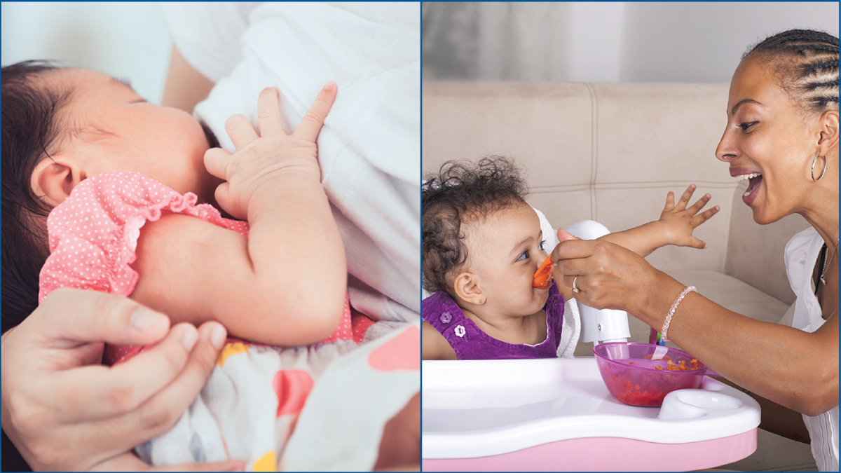Two photos. One on left is an infant breastfeeding. One on right is a mother feeding a toddler in a highchair.