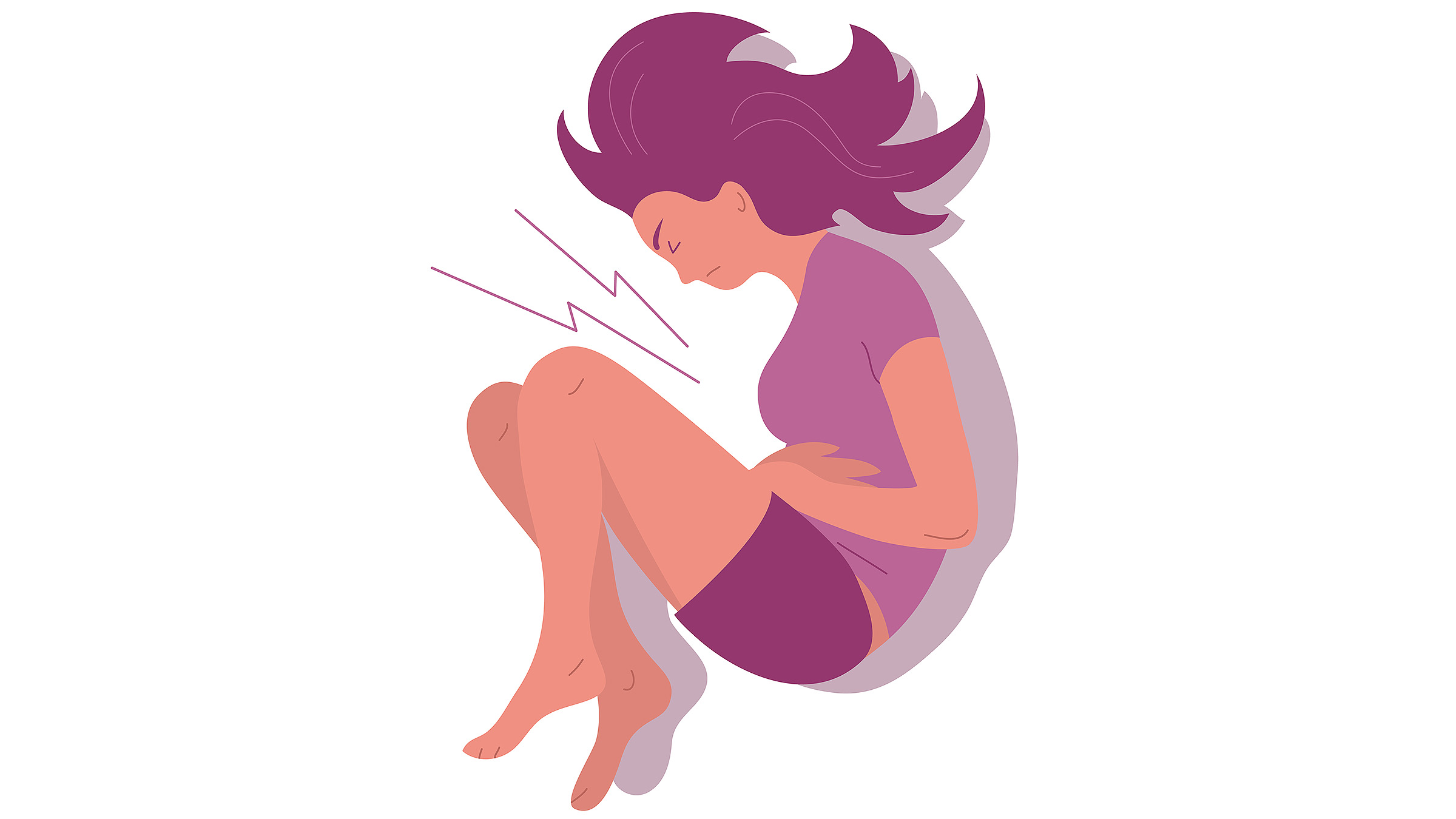 ibd woman with stomach pain illustration An illustration of a young woman laying down, suffering with abdominal pain.