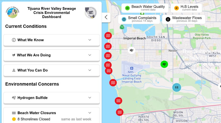 Map of southern California layering information on beach closures, water quality, sewage spills, air pollution.