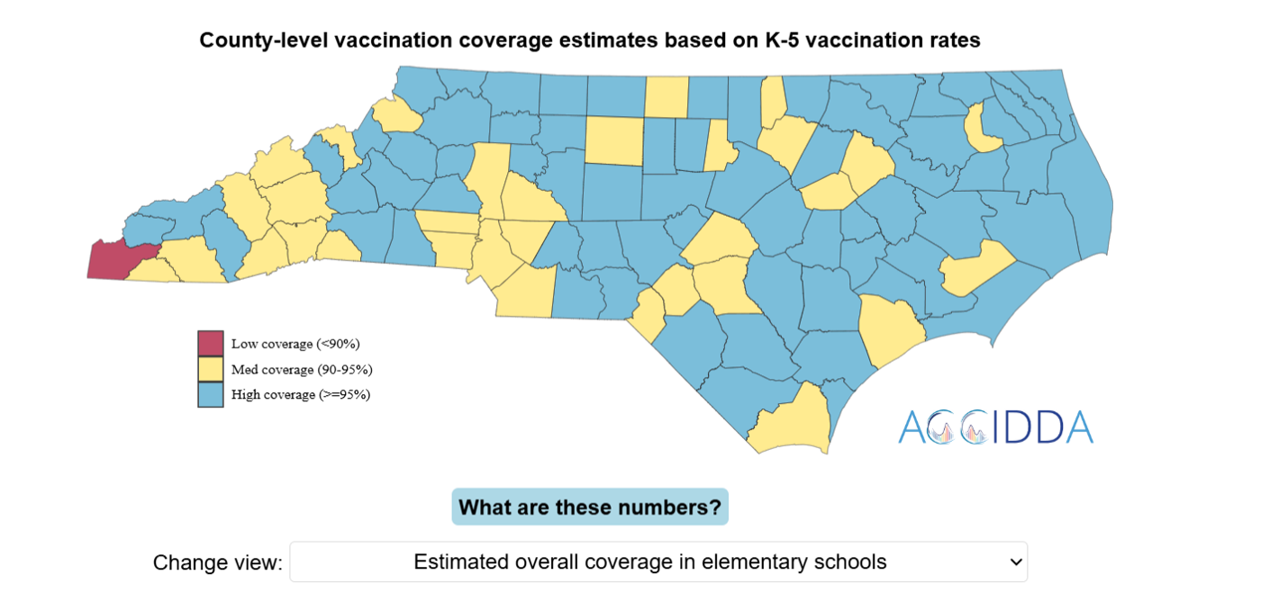 A map of North Carolina shows varying levels of K–5 measles vaccination coverage at the county level.