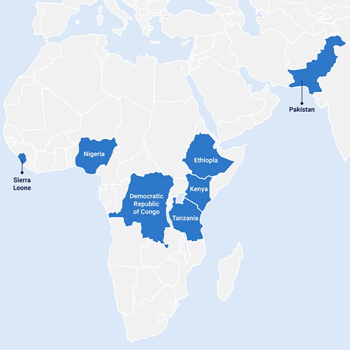 Image of map with 7 Global Fund participant countries highlighted: Ethiopia, Democratic Republic of Congo, Kenya, Nigeria, Sierra Leone, Tanzania, and Pakistan.