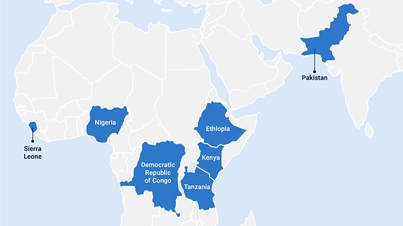 Image of map with 7 Global Fund participant countries highlighted: Ethiopia, Democratic Republic of Congo, Kenya, Nigeria, Sierra Leone, Tanzania, and Pakistan.