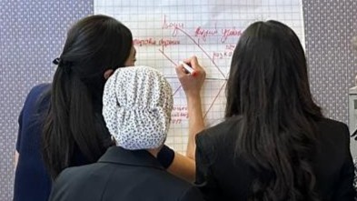 Attendees working through an exercise at a white board during a training session.