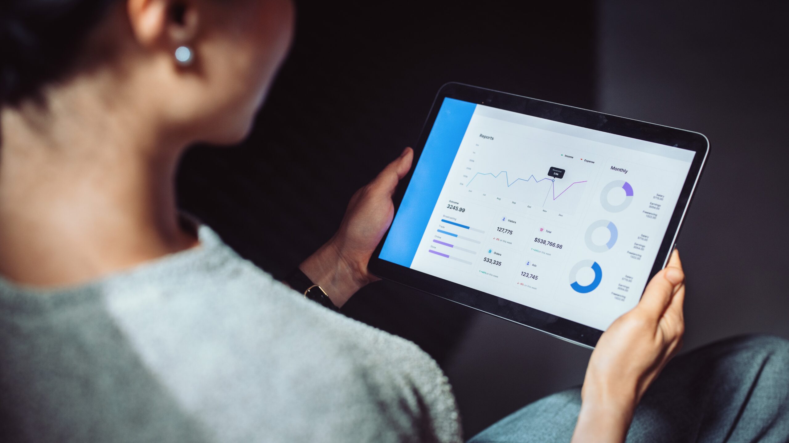 Woman reviewing data dashboard on tablet.