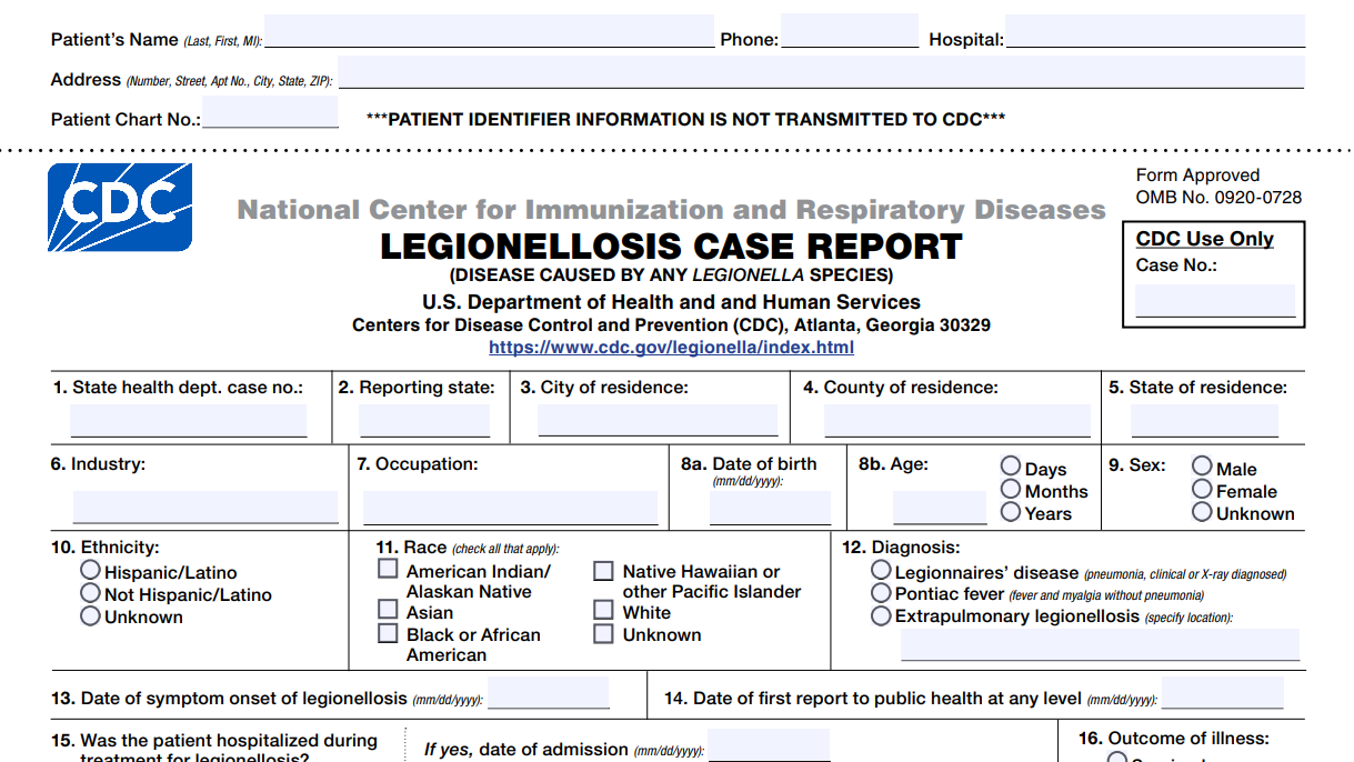 Top section of the CDC Legionellosis case report form